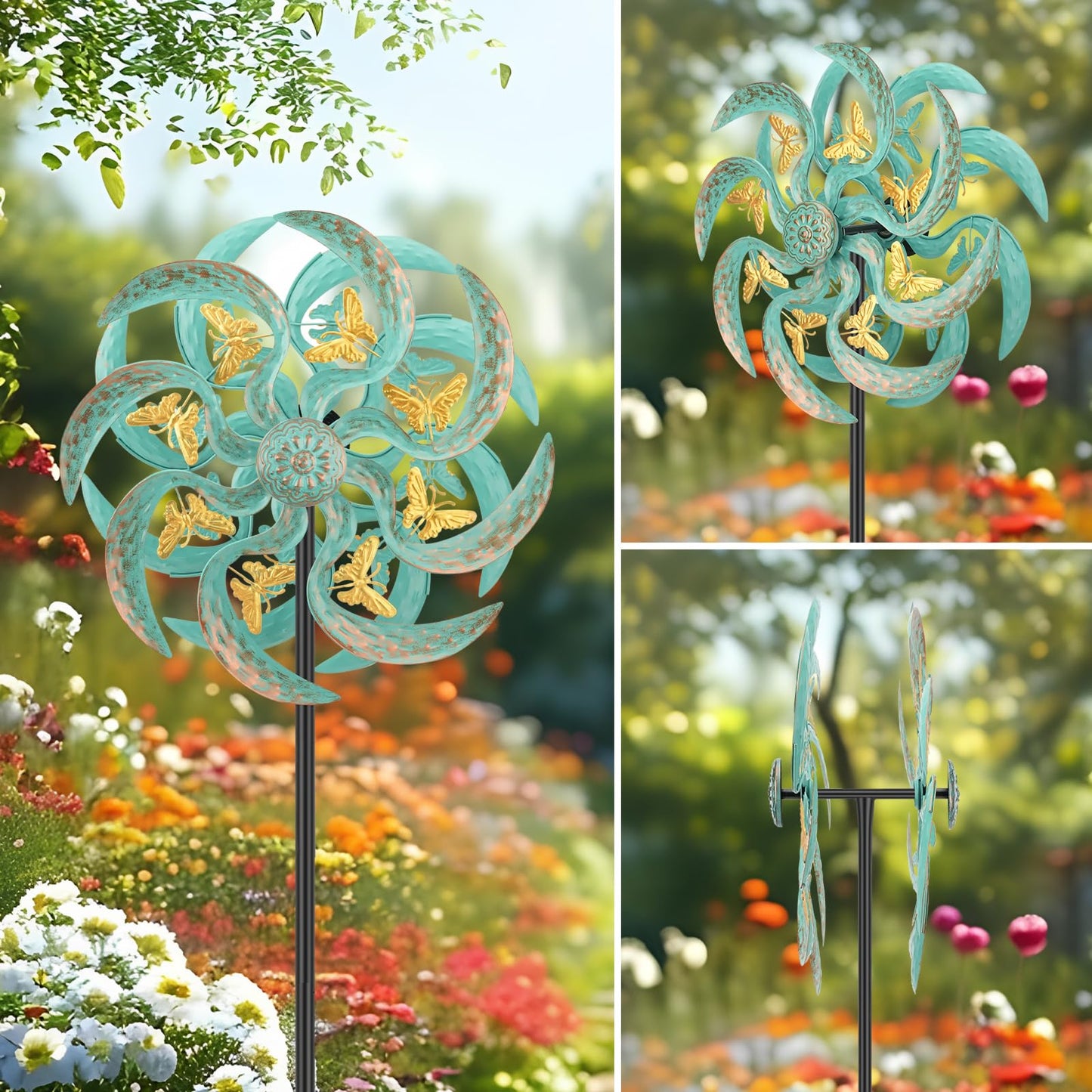 Jusimux Metal Wind Spinner Outdoor, Golden Butterfly Kinetic Wind Sculpture Spinners with Metal Stake, Yard Art Decor for Patio, Lawn & Garden, Creative Gifts 57.5 * 13.4 Inch