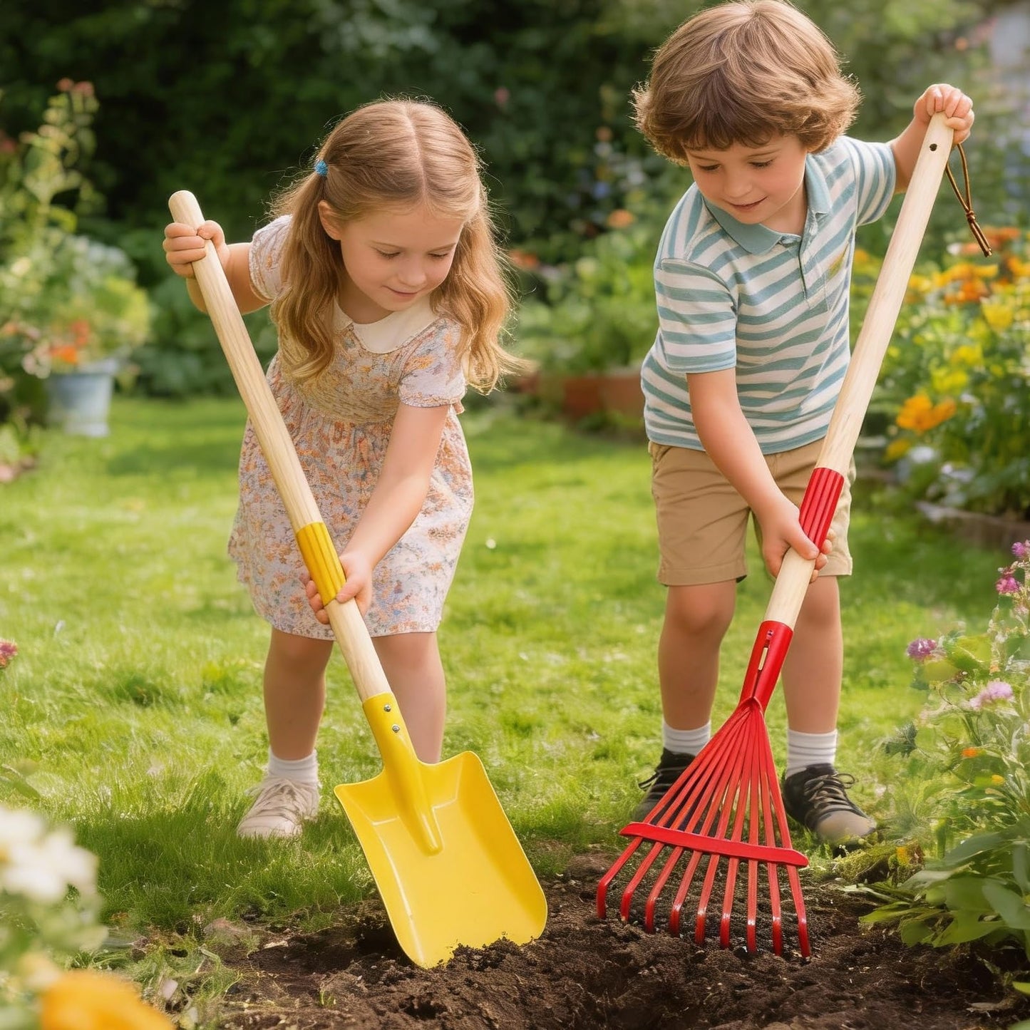 2 Pcs Kids Rake and Shovel Set,28" Toddler Size Metal Snow Shovel & Leaves Rake with Wooden Handle,Real Gardening Tools for Child Age 3 for Little Helpers in Winter Yard Fun