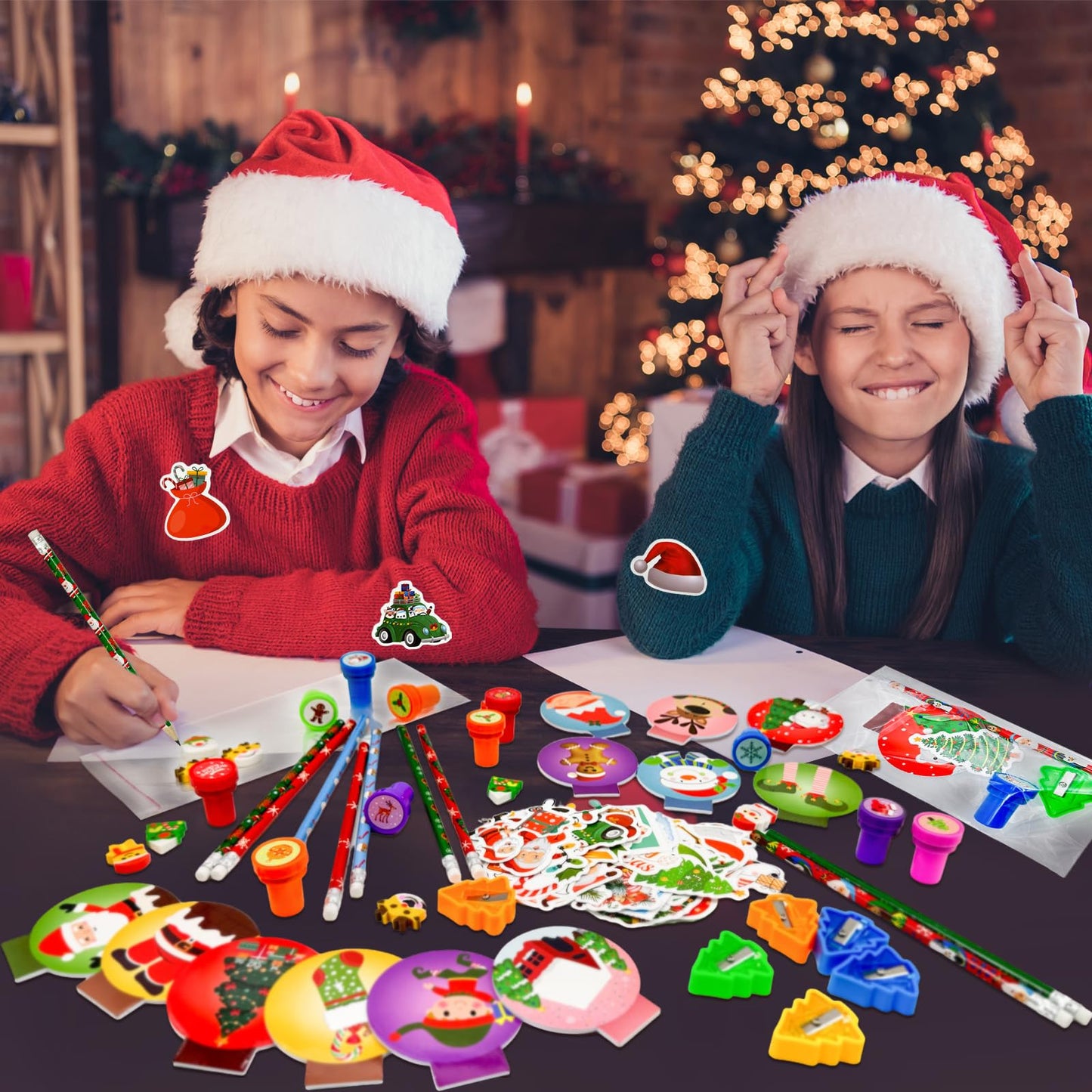 194 Pcs Christmas School Stationery Set Xmas Classrooms Exchange Stationery Party Favors Class Reward Prizes Notebooks Pencils Sharpener Erasers Stickers Stamps for Party Supplies (Snowball)