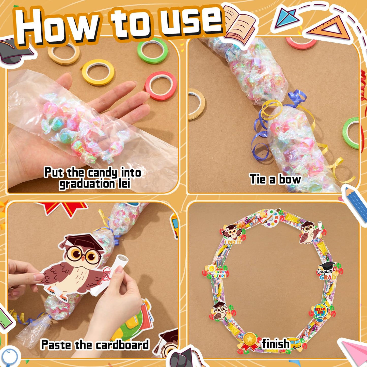 Spakon Graduation Candy Lei Making Kit, 2026 DIY Graduation Candy Lei Tubing with 4 PE Bags 4 Ribbon 11 Grad Cutouts for 2026 Grad Craft Supplies Snack Wrapping Birthday Party Favors(Owl)