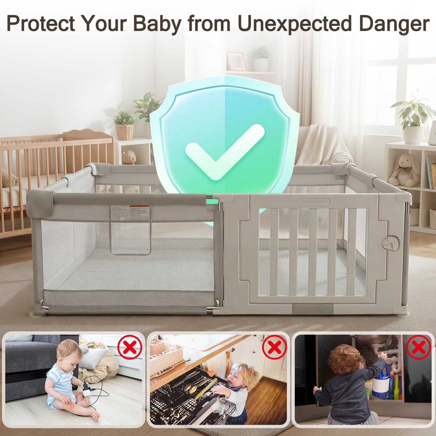 Funyoo 71" ×59" Baby Playpen with Gate, Large Baby Play Pen for Babies and Toddlers, Infant Fence Play Yard with Door for Living Room, Anti-Fall, Breathable Mesh