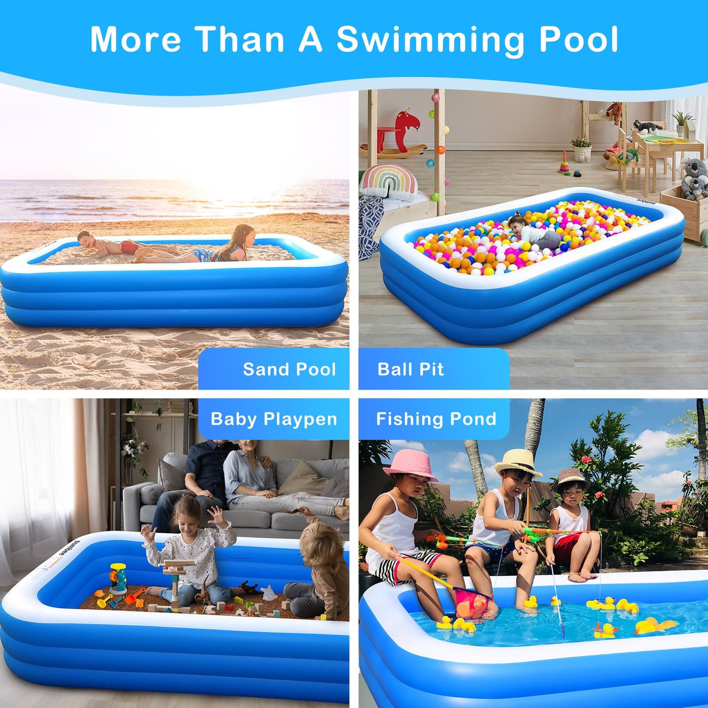 Sumbee Inflatable Swimming Pool for Kiddie Adults Kids, 120" X 72" X 22" Large Blow Up Pool for Family Backyard Outdoor Toddler,Big Rectangle Pools for Children Ages 4-8-12,Full-Sized,Blue