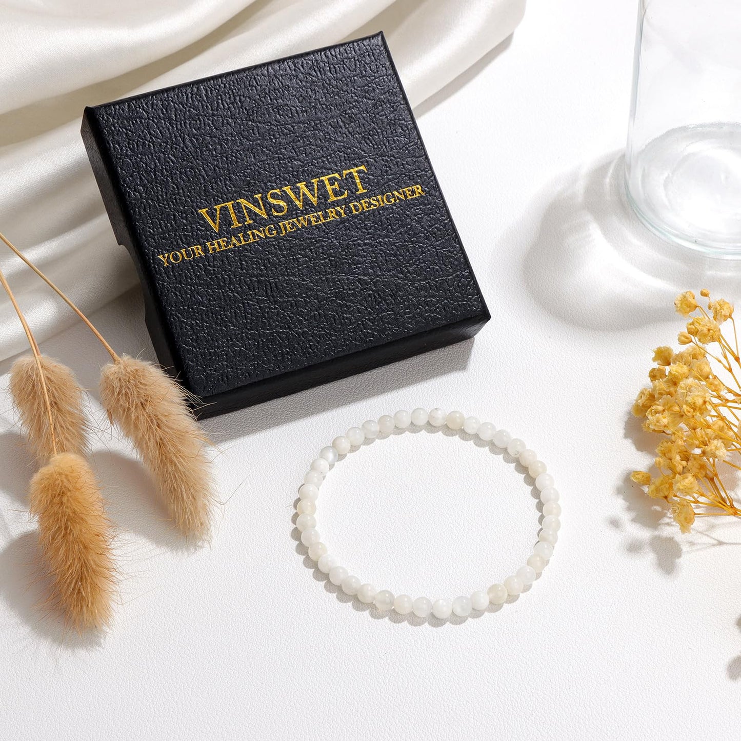 Vinswet Healing Crystal Bracelets for Women Men 4mm Moonstone Natural Stone Beaded Stretch Bracelet Handmade Gemstone Reiki Spiritual Jewelry Gifts