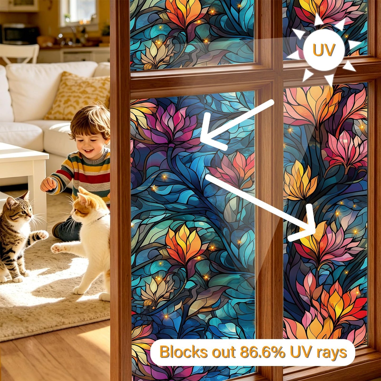 LaCheery 17.5"x157.5" Privacy Window Film Stained Glass Decorative Window Film for Glass Blue Floral Cling Privacy Films Renter Friendly Removable Windows Stickers for Bathroom No Glue Vinyl Anti UV