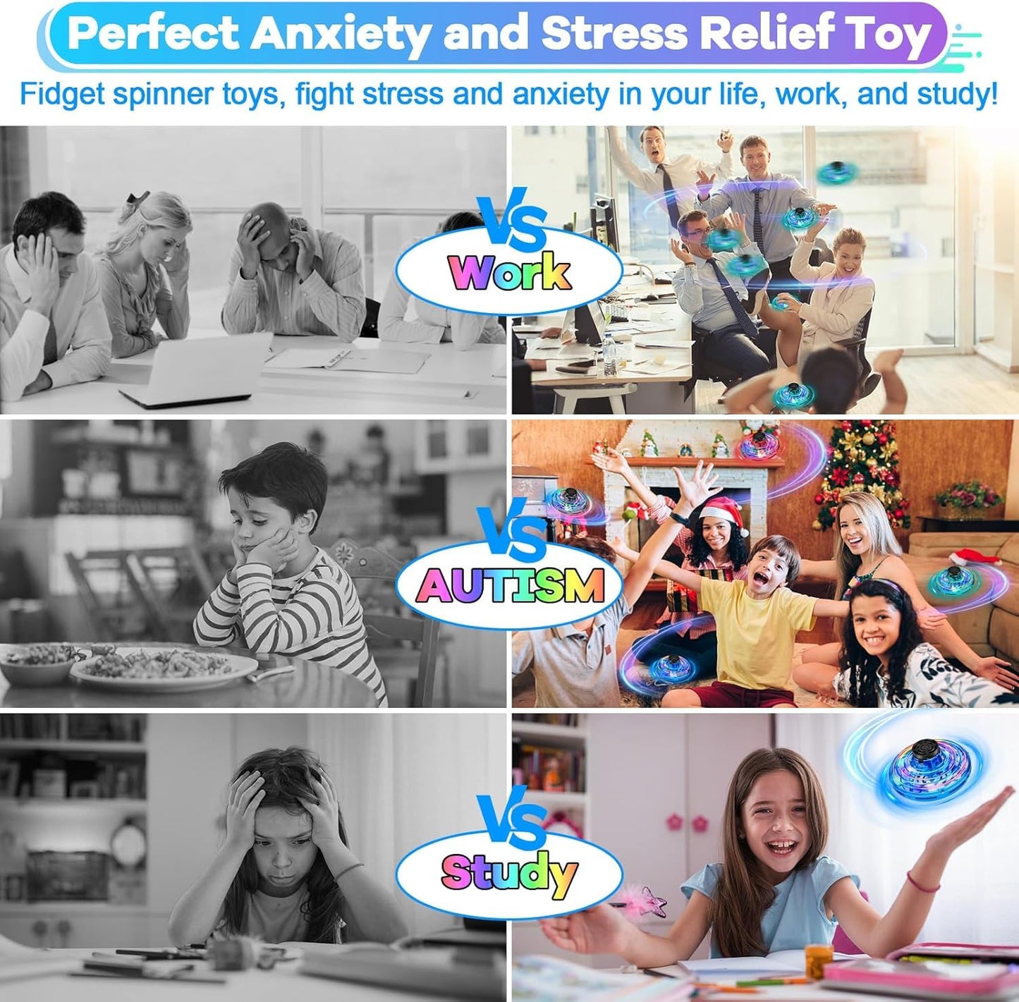 Vantexi Drone for Kids Flying Toys,2026 Upgrade LED Fidget Spinner,Hand Operated Fidget Flying Spinner Toy for Indoor Outdoor, Christmas Birthday Gifts for 6 7 8 9+ Year Old Boys Girls(Blue&Green,ABS)