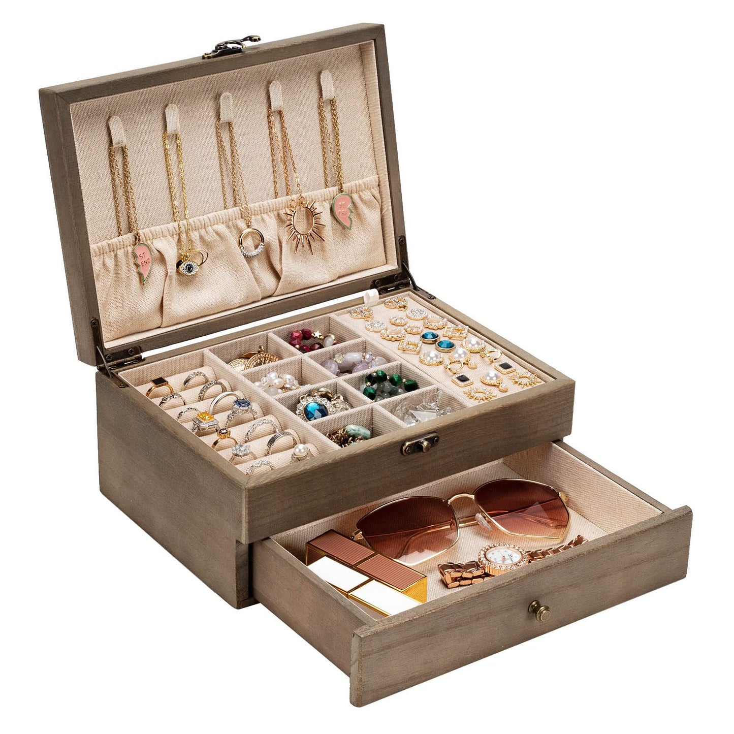 Pinzoveco Jewelry Box for Women, Rustic Wooden Jewelry Organizer Box for Storage Earrings Rings Necklace Bracelet, Farmhouse Style Wood Jewelry Boxes & Organizers (Gray)