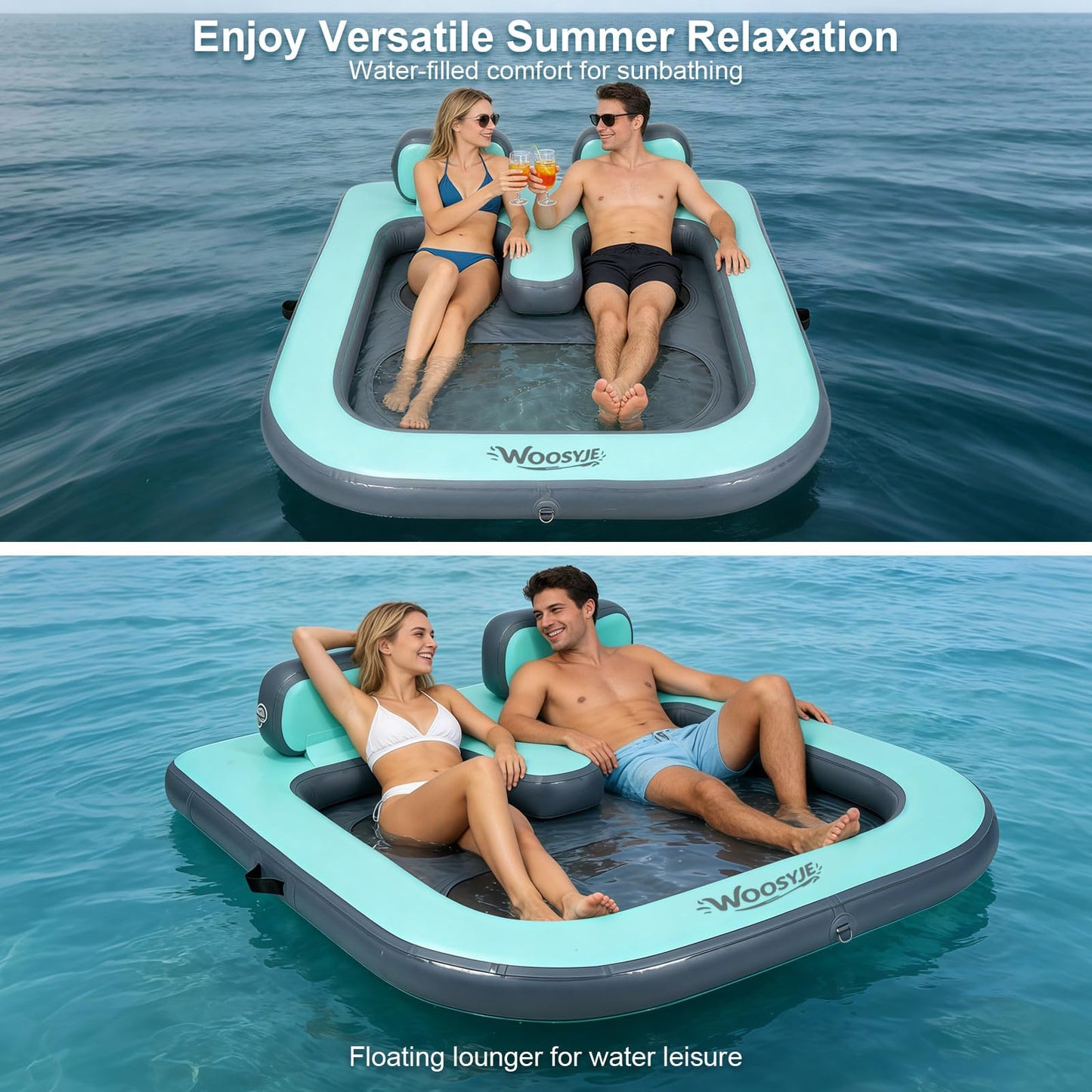WOOSYJE 2 Person Water Hammock,Sunchill Float,Tanning Pool Floats for Adults,Heavy Duty Drop-Stitch with Mesh Bottom & Backrests,Inflatable Floating Island with Pump