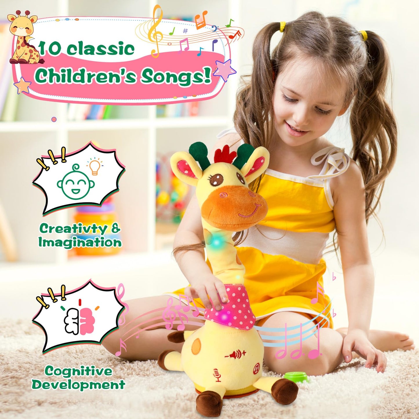 MIAODAM Dancing Giraffe Toy Stuffed Plush, Musical Baby Toys Singing 10 Children's Song Repeats What You Say, Cute Interactive Talking Giraffe Gift for Baby and Kids 1-3 Years Old
