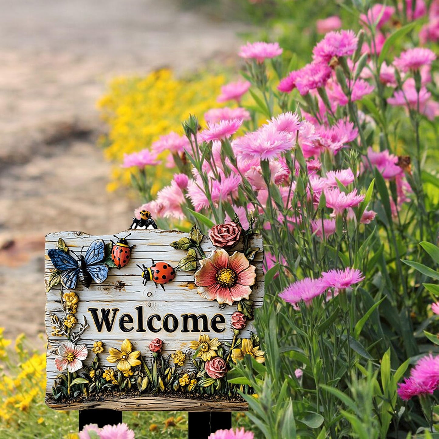 2 Pcs Flowers Garden Sign With Stake, 2D Flat Wooden Floral Ladybug Butterfly Welcome Sign, Personalized Sign Stakes for Pots Flower Bed Yard Lawn