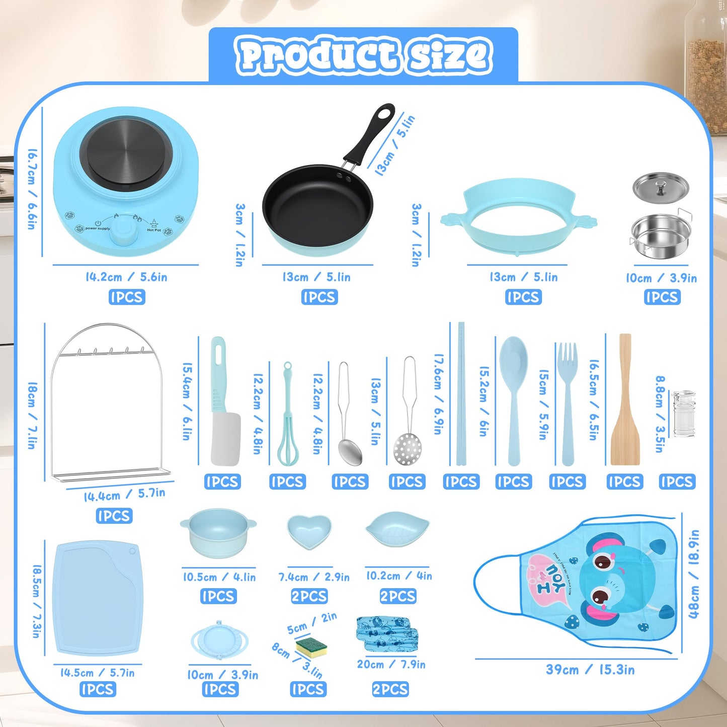 Gotoofun Kids Cooking Set Real for Beginners, 28PCS Mini Kitchen Starter Set with Anti-Slip Safety Guard, Easy Cooking Toys for Boys Girls Ages 8-12, Blue