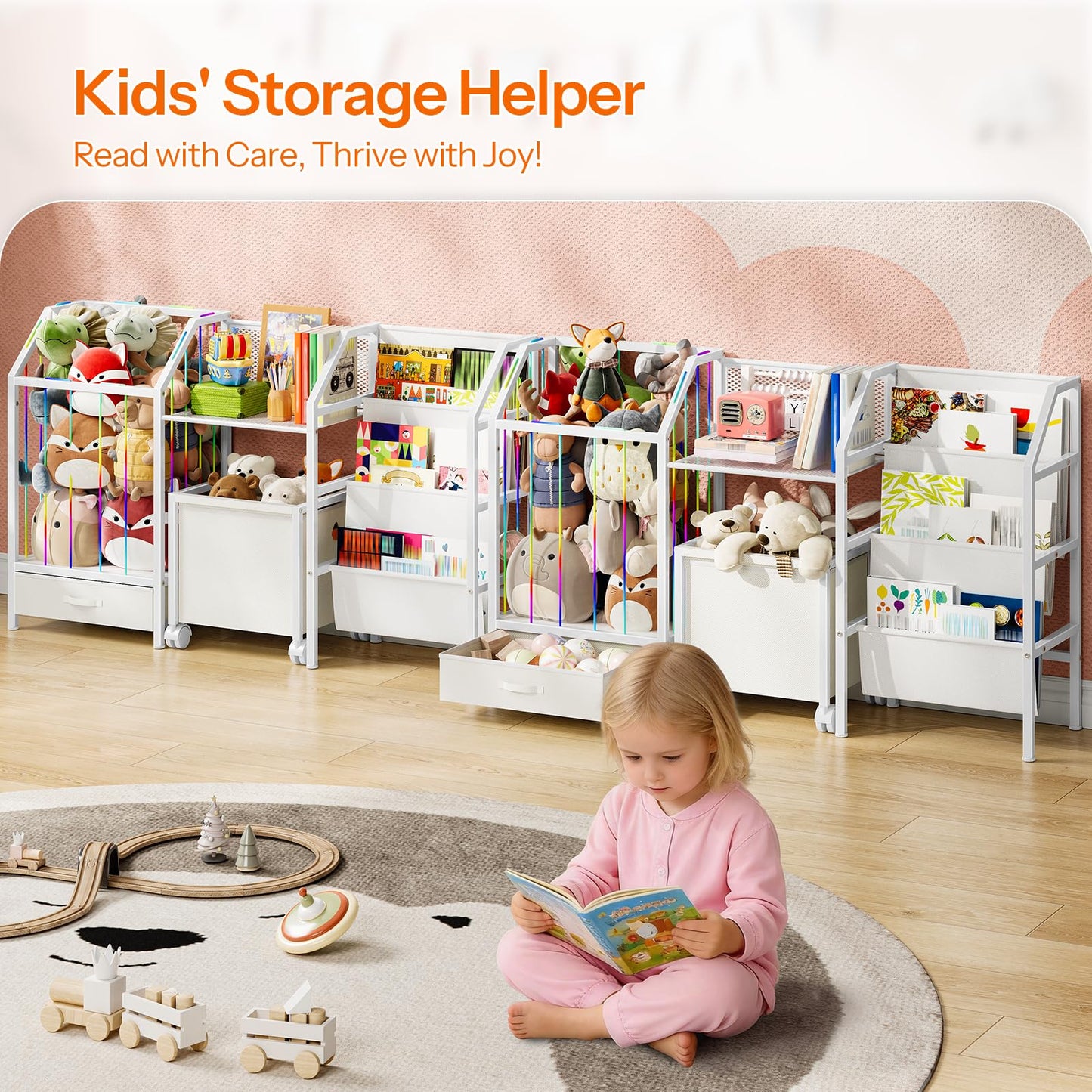 HOOBRO Kids Bookshelf and Toy Storage, 4-in-1 Book Shelf for Kids Rooms, Toy Storage Organizer with Stuffed Animal Storage, Drawer and Rolling Bin, Toddler Shelf for Nursery, Playroom, White WT39CW01