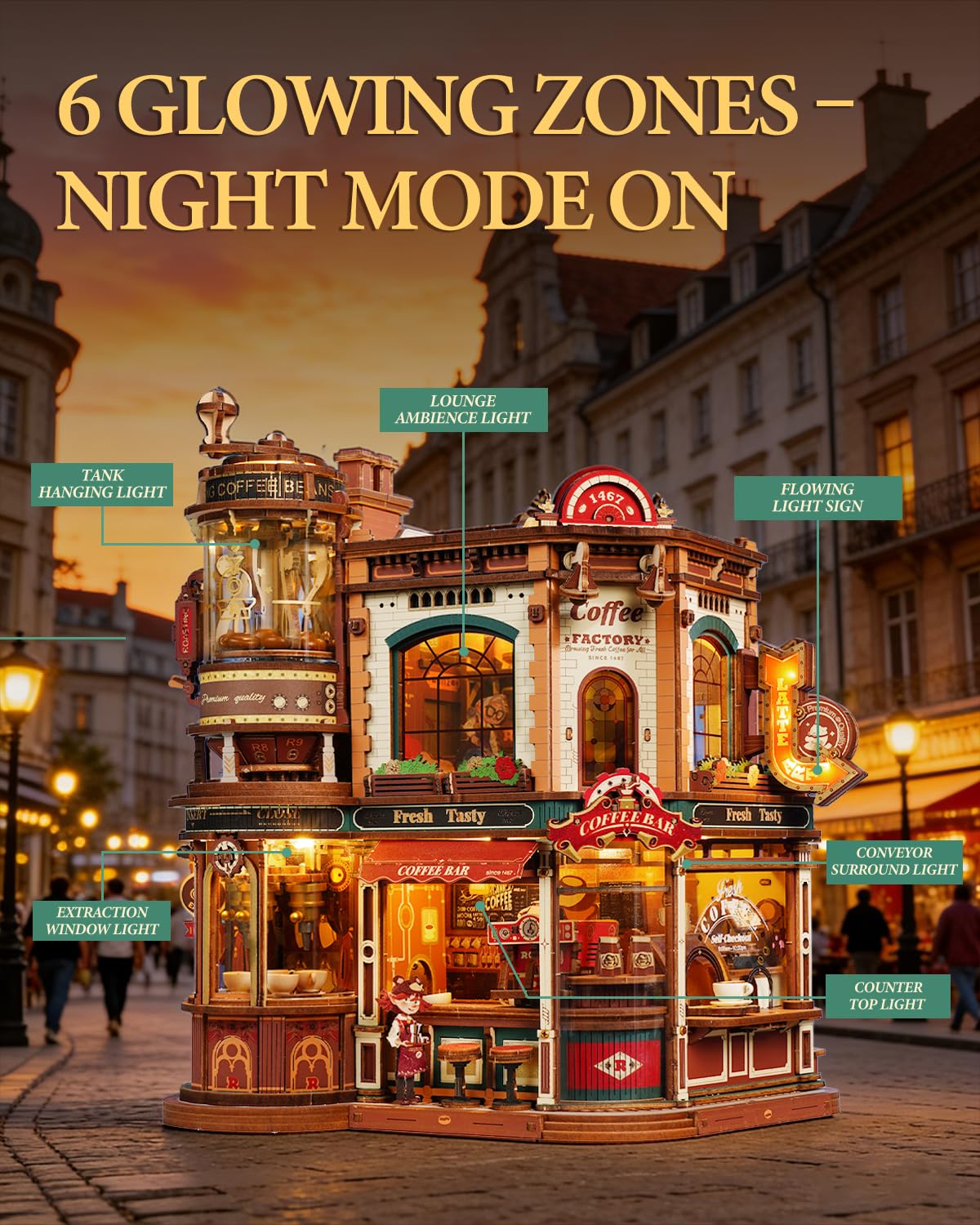 ROKR Moving Dream Coffee Factory DIY Miniature House Kit - 3D Wooden Puzzles for Adults with Music Box & LED Lights, No Glue Kinetic Model Building Kit, Unique Home Decor Gifts for Adults Women Men