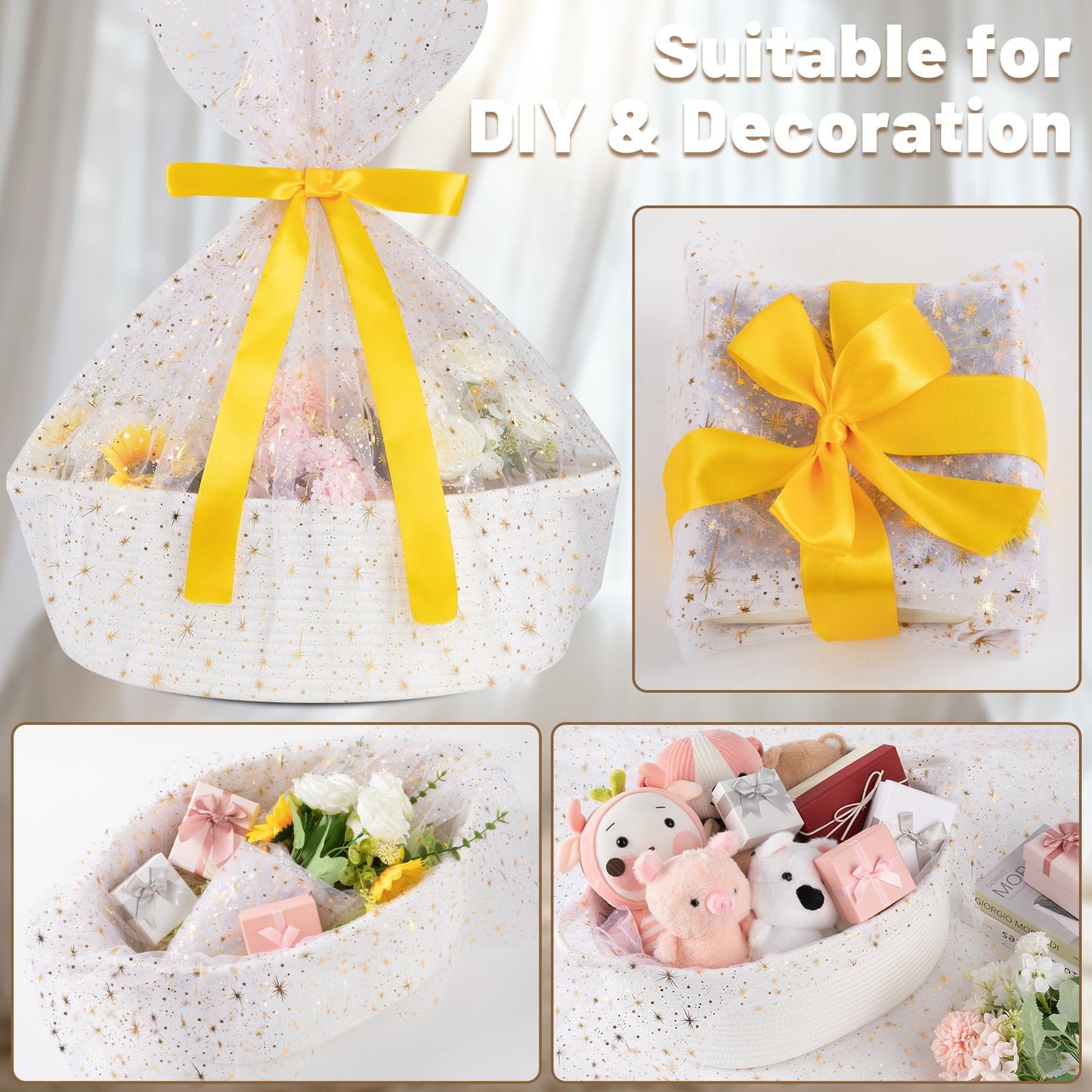 OIAHOMY Large Gift Basket Empty 17" x 12.6" x 7", Storage Basket with Gift Bag, Ribbon and Glitter Tulle for DIY Anytime, Toy Storage for Kids, Dogs with Handles in A Stylish Design - White