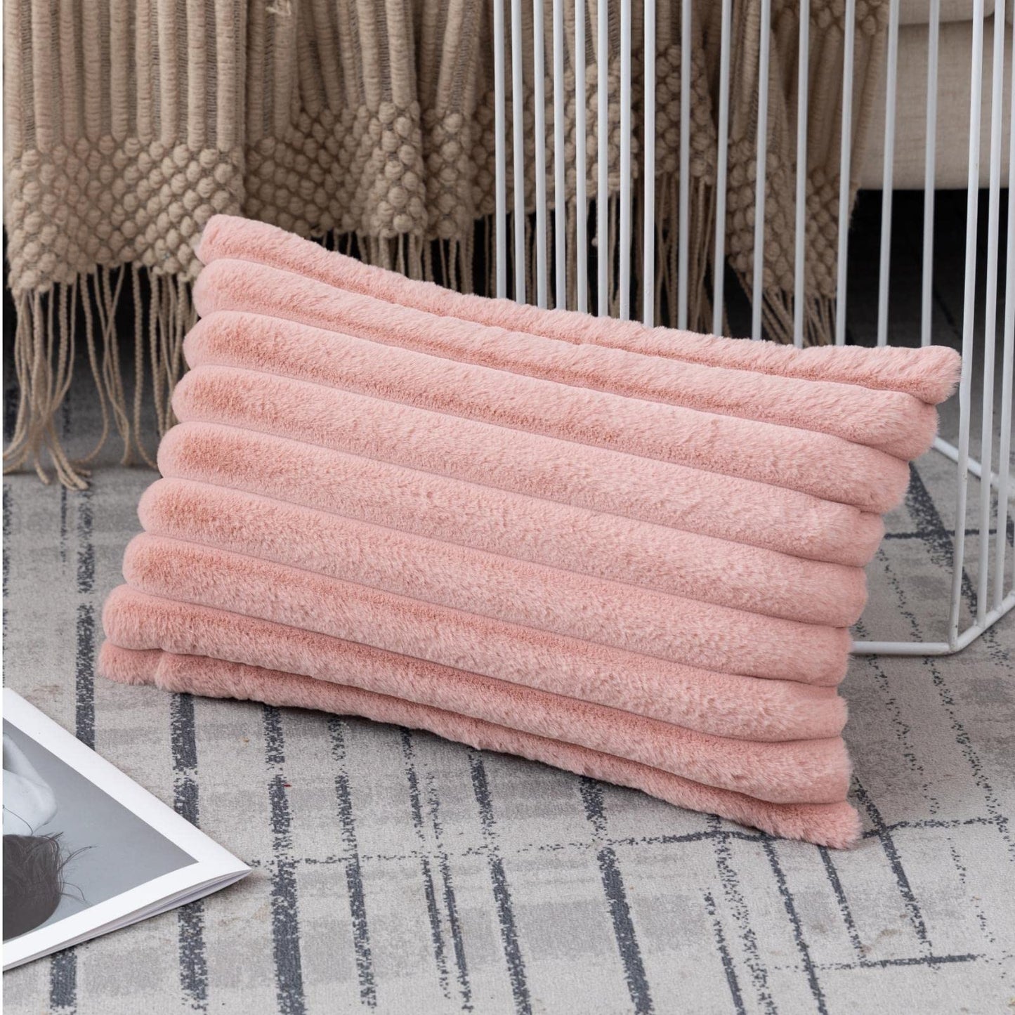 ZLINA Set of 2 Baby Pink Faux Fur Decorative Throw Pillow Covers Fluffy Striped Pillowcase Cushion Covers 12 x 20 Inch Decor Sofa Couch Bedroom