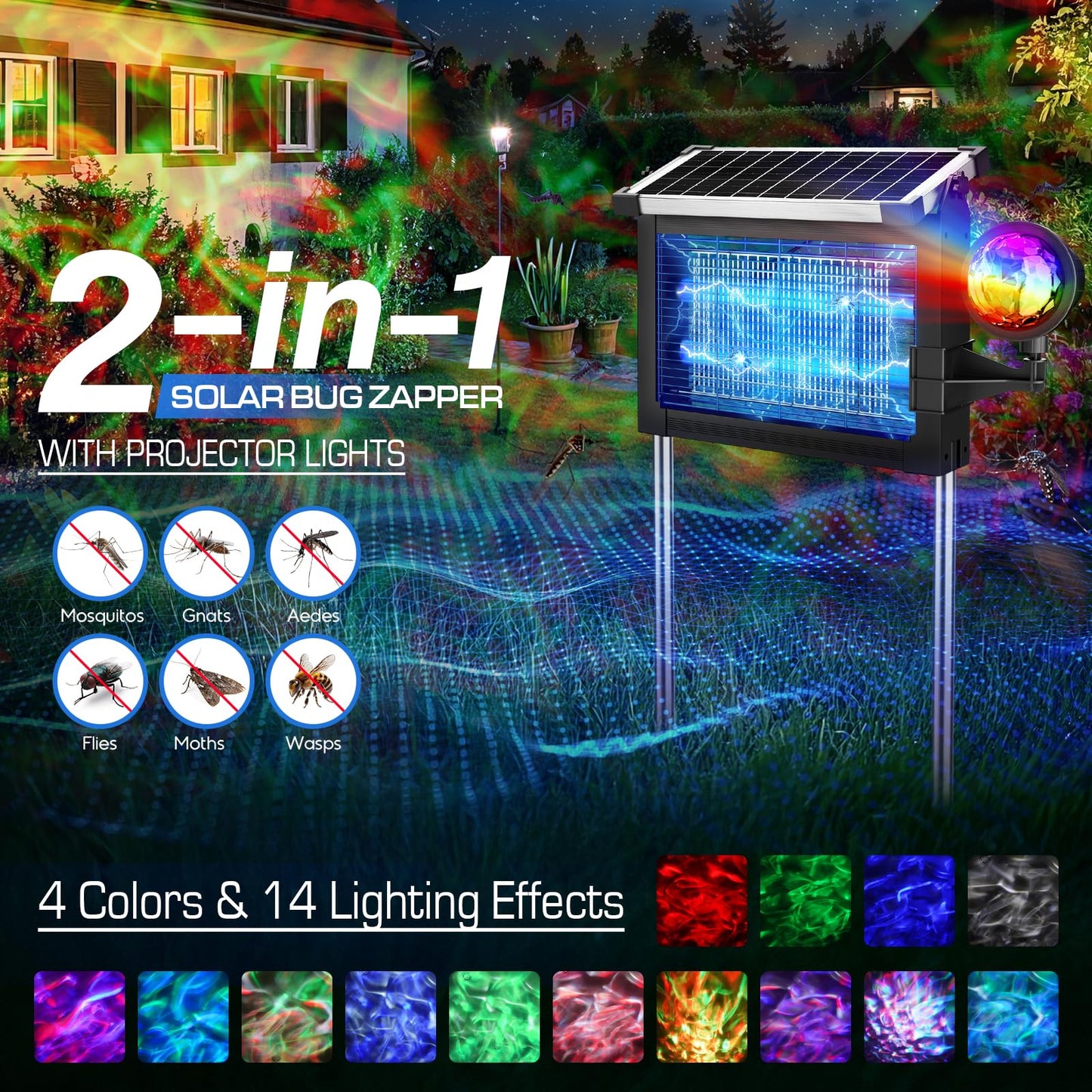 Solar Bug Zapper Outdoor with Projector Lights, 4500V Waterproof Mosquito Zapper, Dual Solar & USB Rechargeable, Smart Dusk to Dawn, Cordless Insect Killer for Patio, Garden, Backyard, Camping