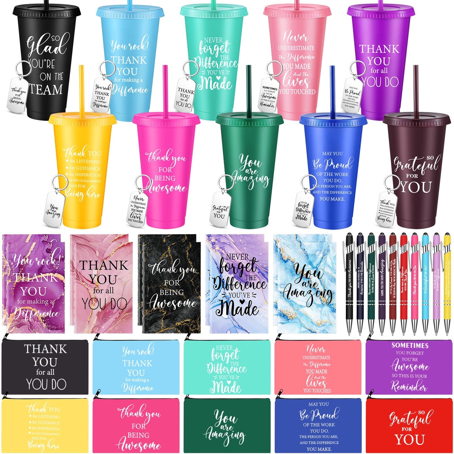 Funnymoom 50 Pcs Employee Appreciation Gift for Women 24 oz Thank You Plastic Tumbler with Inspirational Notepads Ballpoint Pens Makeup Bag Keychain Professional Gifts for Coworker Holiday