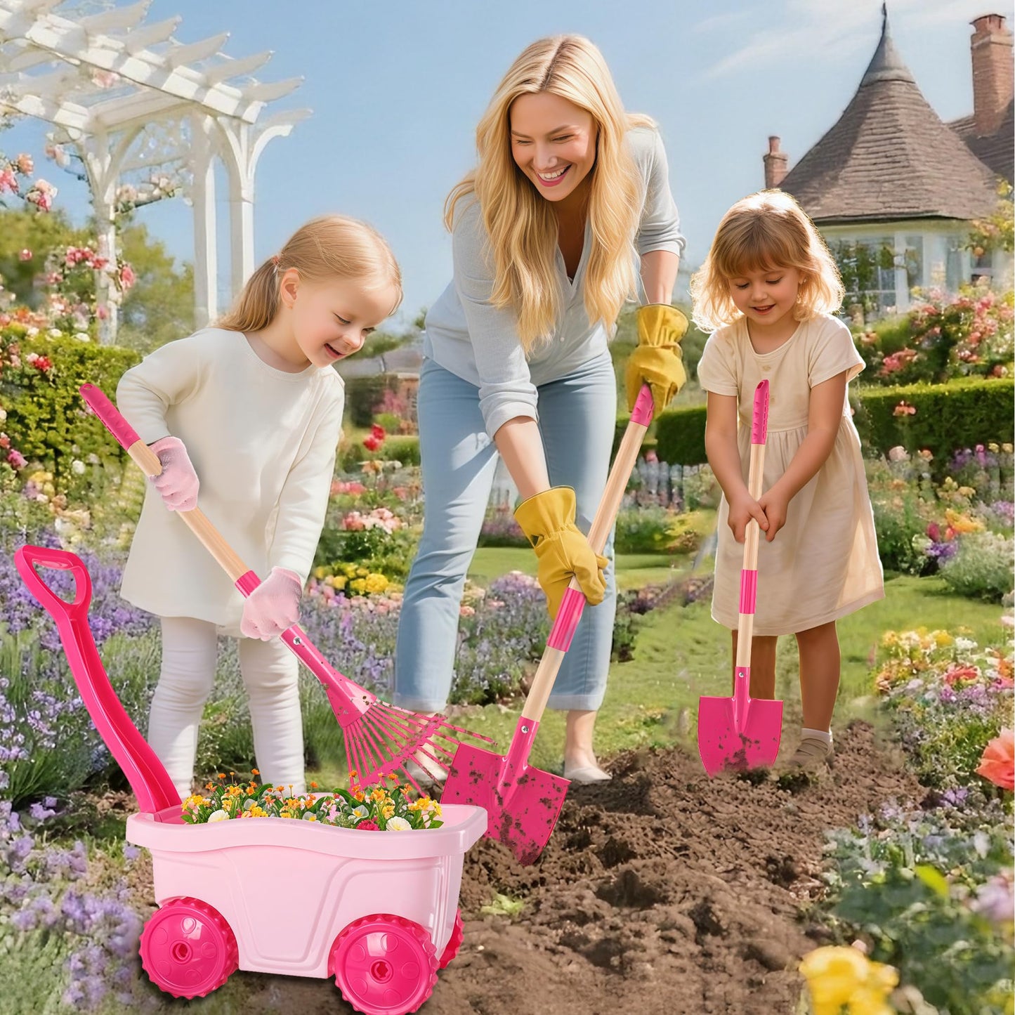 Kids Gardening Tools Outdoor Toys Set - Wheelbarrow Backyard Play Set for Kids with Shovel, Rake, Leaf Rake, Summer Yard Digging Weed Toys, Easter Birthday Gifts for Boys Girls Age 2 3+ Years Old