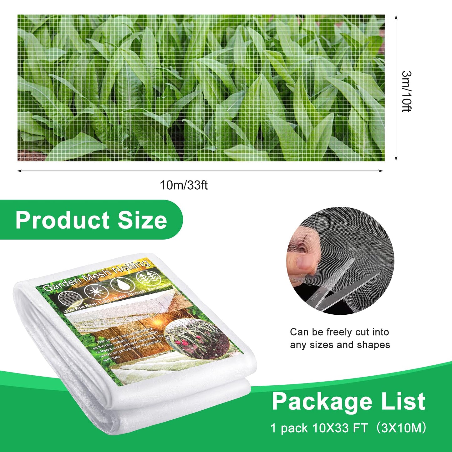 Fippy 10 X 33FT Garden Mesh Insect Netting Pest Barrier, Garden Bug Netting Plant Mesh for Raised Beds Blueberry Bushes, Figs, Plants, Vegetables Protection