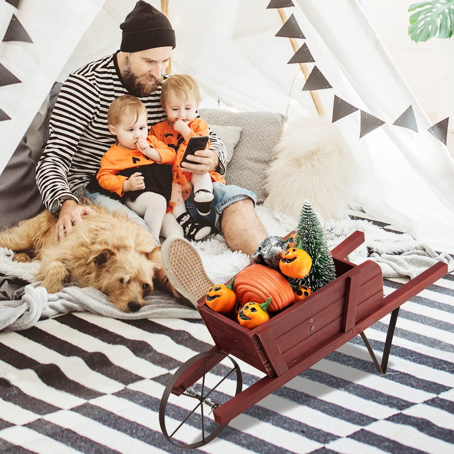 CHEFJOY Wooden Wagon Planter, 27.5"x10.5"x11.5" Wheelbarrow Cart Plant Pot with Halloween Decoration & Metal Supports, Single Wheel Movable Garden Flower Cart Planter for Yard, Backyard (Red)
