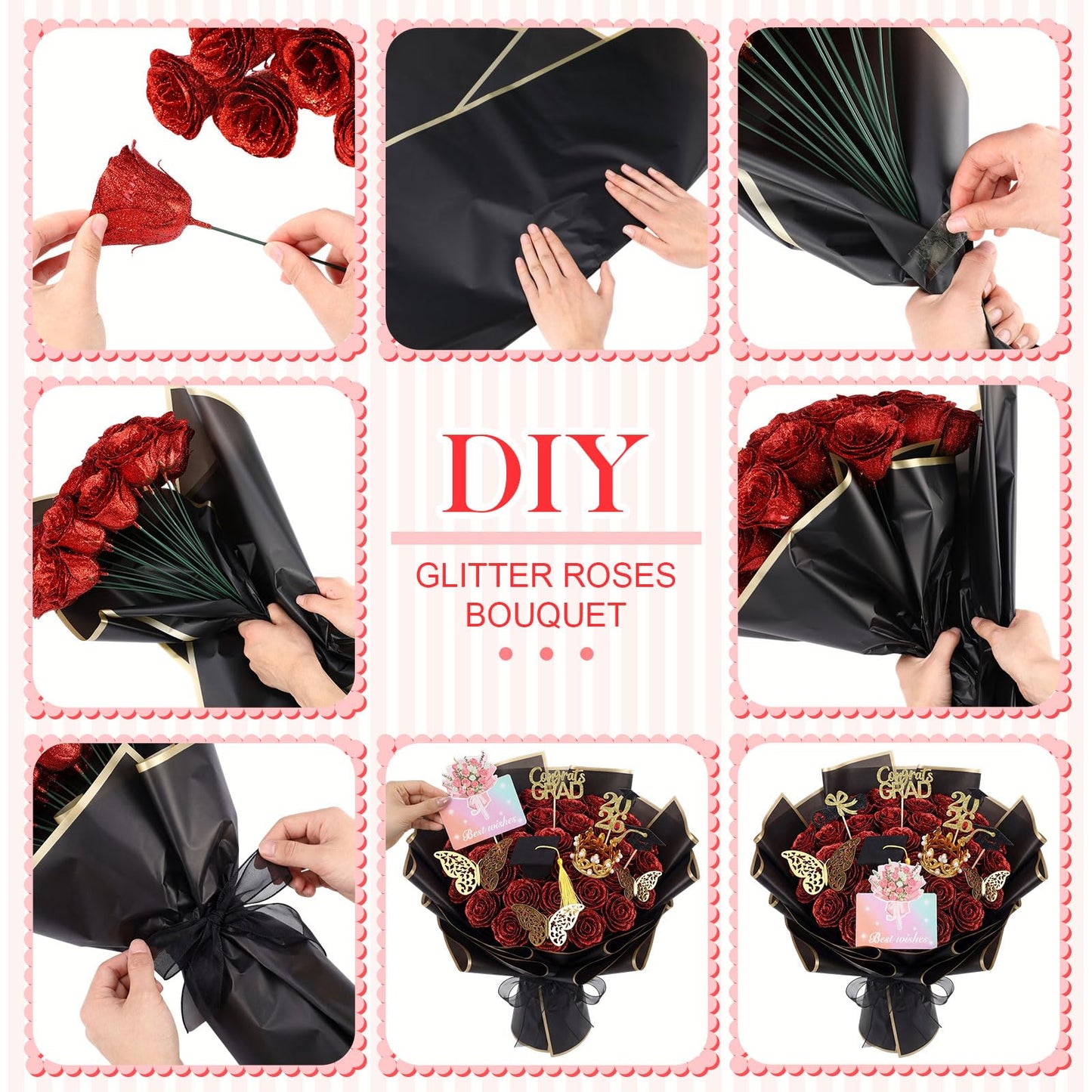 Maysing 48 Pcs Red Glitter Rose Bouquet DIY Kit, Graduation Gifts for Her Class of 2026, Sparkly Artificial Flowers with Crown 3D Butterflies and Cards, Class of 2026 Senior Graduation Bouquet