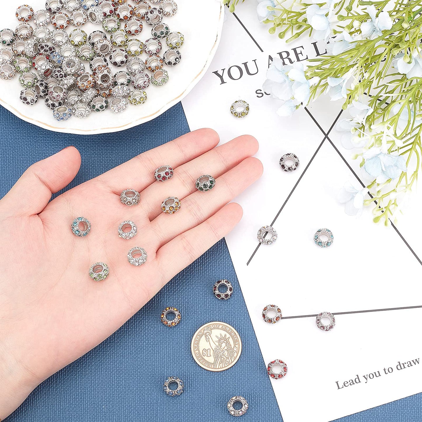 PH PandaHall 100pcs Rhinestone Large Hole European Beads, Platinum Mixed Color Crystal Rondelle Spacer Beads Fit European Snake Chain Charms Bracelet(11x6mm, Hole: 5mm)