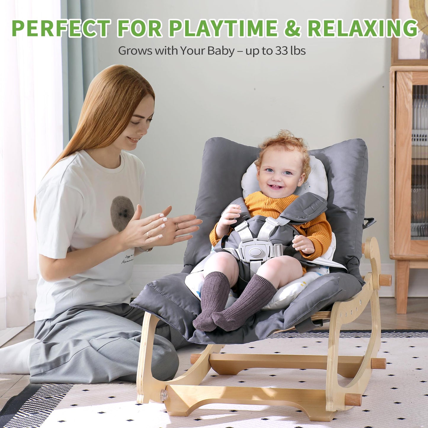 MallBest 3-in-1 Baby Rocker Chair with Double Cushions, for 0-12 Months, Adjustable Wooden Infant Rocker with Removable Cushion and 5-Point Harness for Infant to Toddler（Grey）