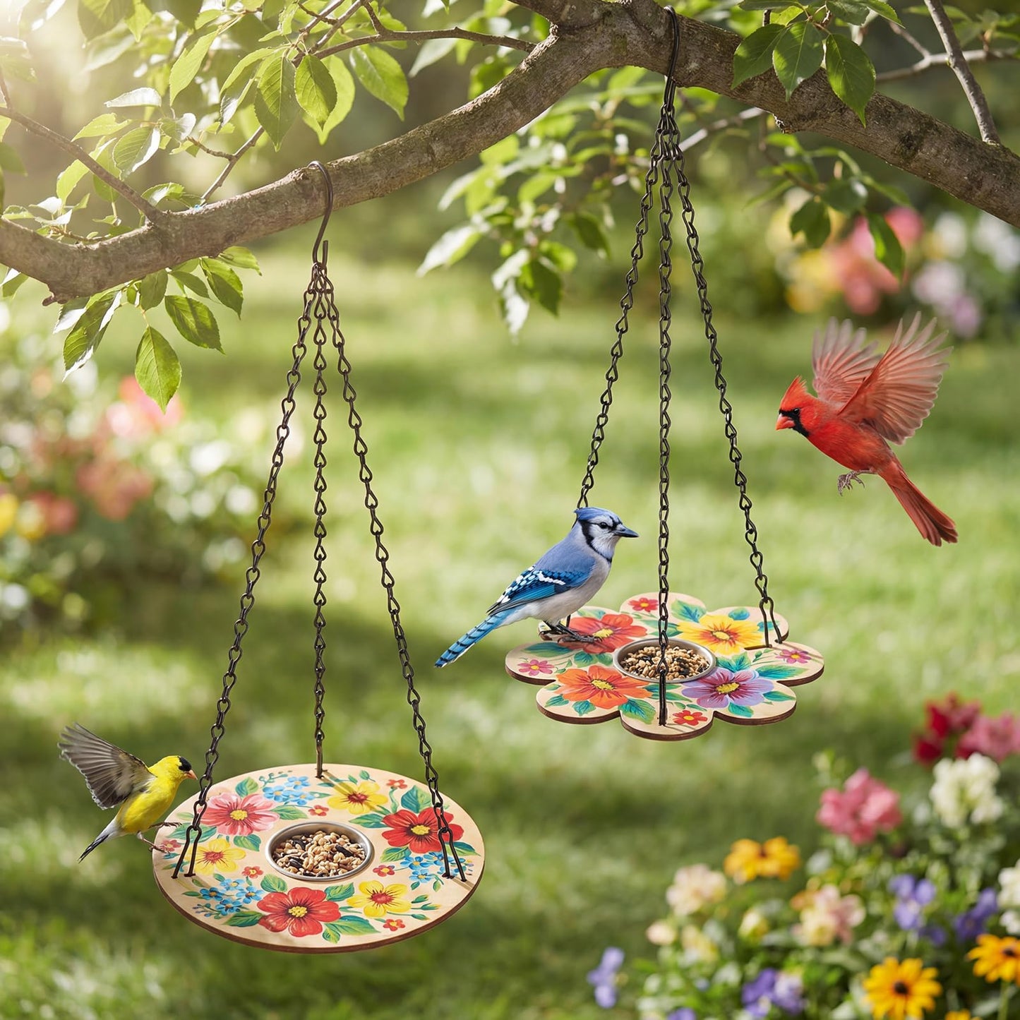 DoubleFill 24 Pack Bird Feeder Craft Kits with Chains for Kids Ages 3-8 Make Your Own Wooden Flower Bird Feeders with Aluminum Bowls DIY to Paint Craft for Garden Outdoor Activities (Flower,Round)