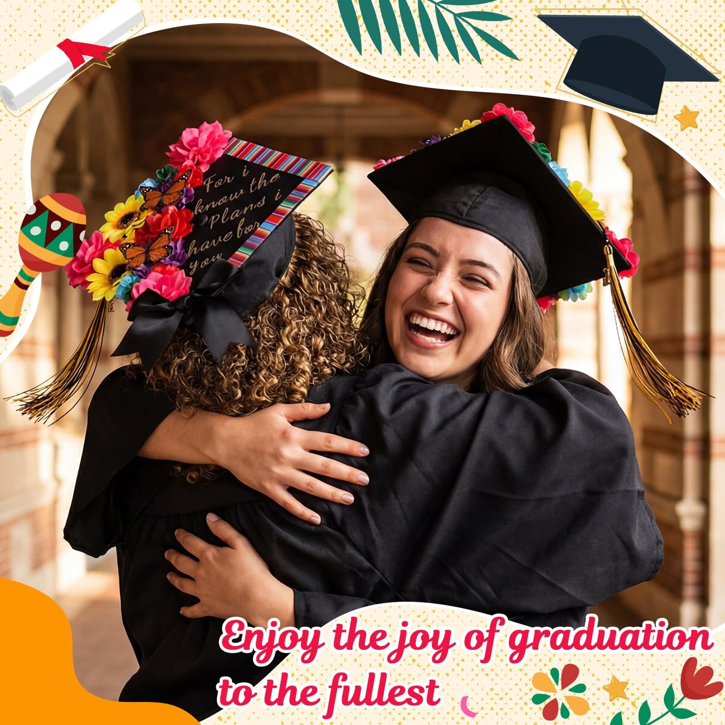 Gersoniel Colorful Graduation Cap Decorations Kit with Pre-assembled Faux Flowers Glitter Cardstock Stickers Butterfly Alphabet Decal (Mexican)