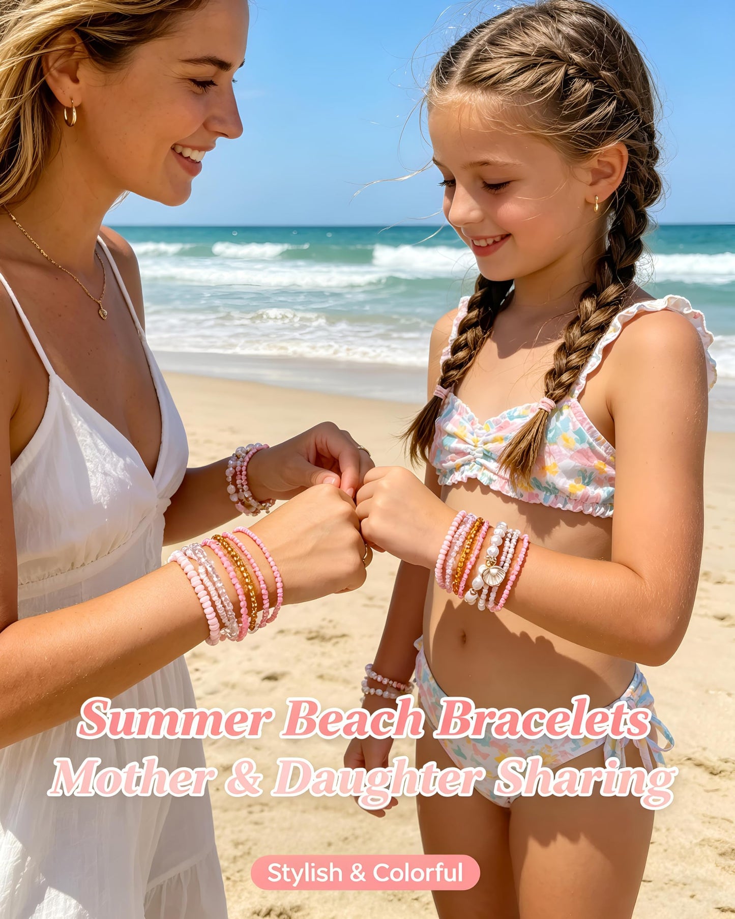 FAXHION Boho Gold Beaded Bracelets for Women, Starfish & Shell Pendant Bracelet Stack, Pink Bracelet Set Summer Beach Jewelry Gifts