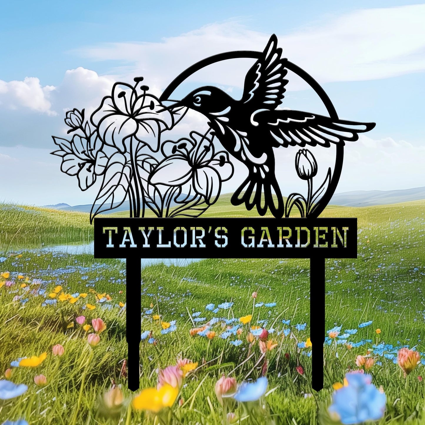 BMYDIY Personalized Garden Signs for Outside, Custom Metal Hummingbird Flowers Garden Decor with Stake, Custom Name Signs Outdoor Yard Patio Backyard Metal Decor Home Gifts