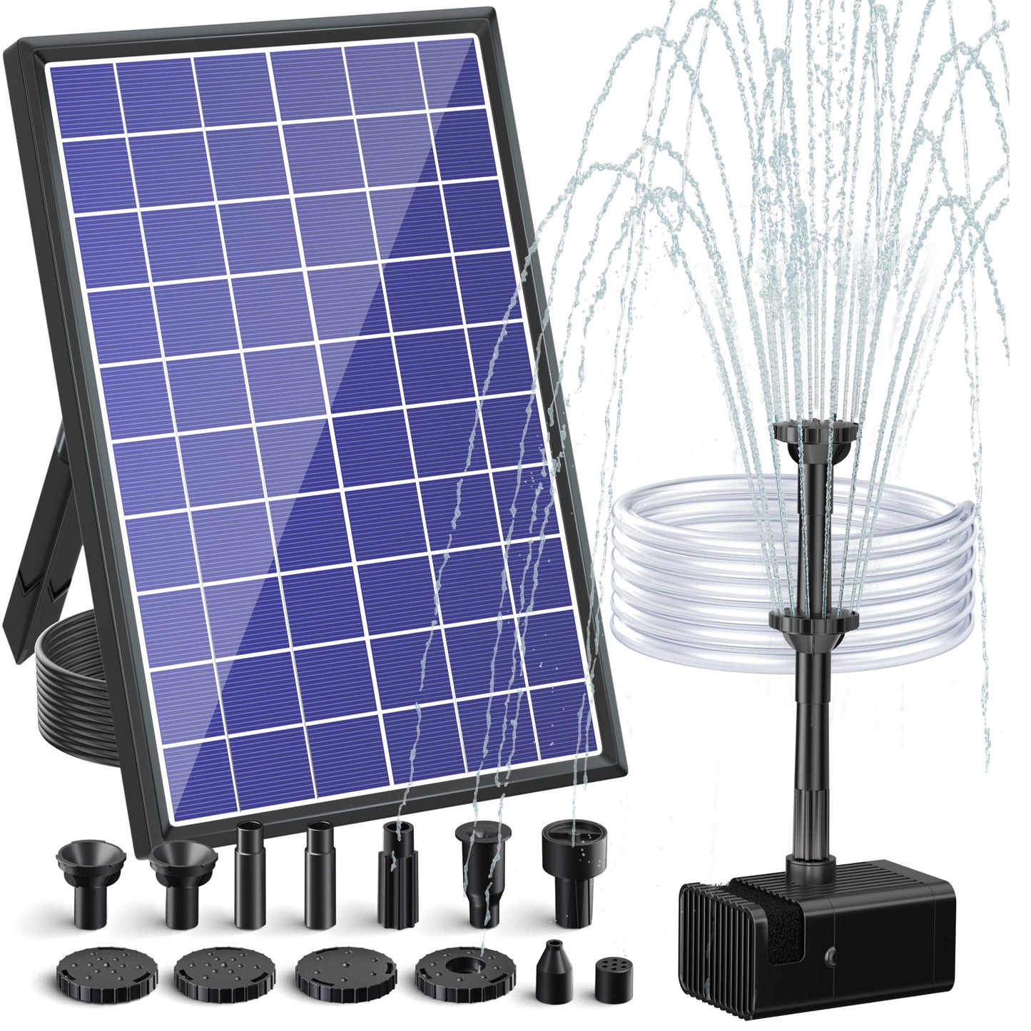 POPOSOAP 8W Solar Water Pump Built-in 3600mAh Battery Backup, Solar Bird Bath Pump with 9.8Ft Cable, 8 Nozzles & PVC Tubing, Solar Fountain for Bird Bath Garden Fish Tank Pond Water Feature P108D