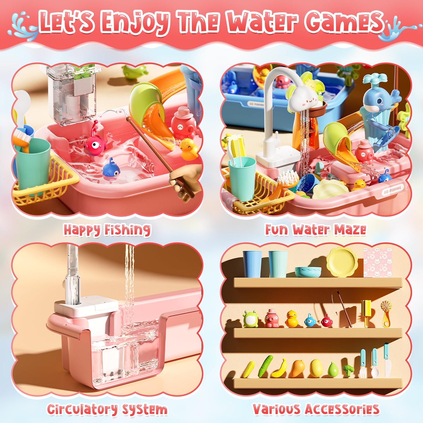Dtadvlo Upgraded Toddler Sand Water Table Toy with Electric Water Pump, Kids Sand Water with Faucet/Play Food Accessories/Fishing Toy, Kitchen Play Sink Toys for Girl Boy Age 3+ (Pink)