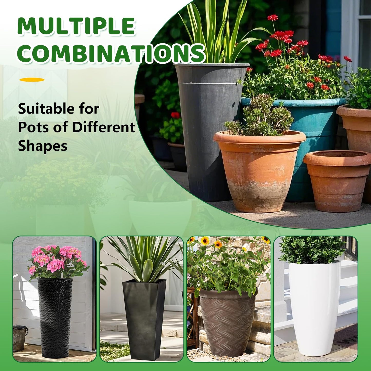 2 Pack Plant Riser Inserts for Large Pots, 8 in/10 in Interchangeable Sturdy Planter Inserts & 11 - 17 in Adjustable Height Lifters Planter Filler for Indoor & Outdoor Various Shapes Pots（Black）