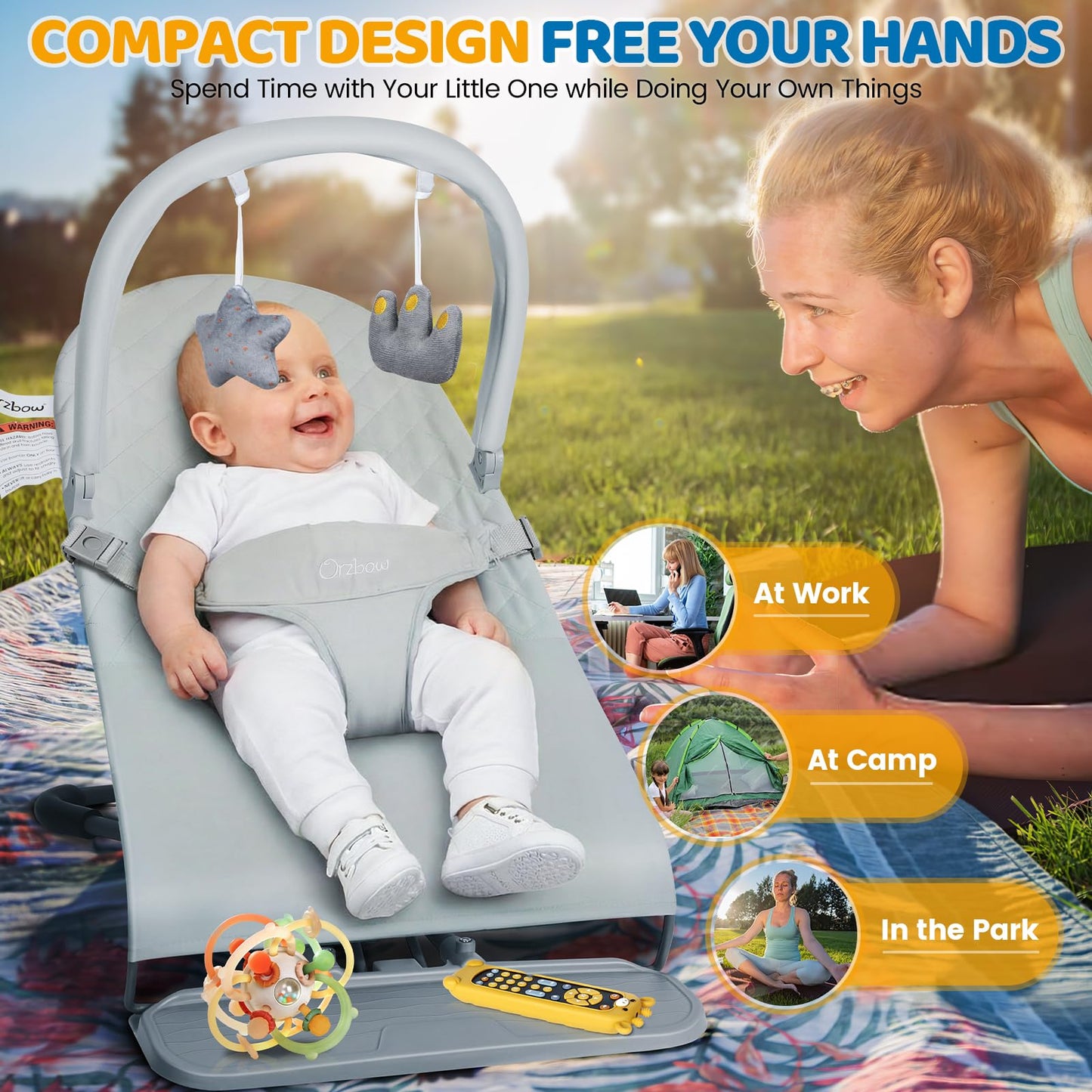Orzbow Portable Baby Bouncer, Foldable Baby Bouncer Seat with Removable Play Bar, 3 Recline Positions, Infant, 0-12 Months Up to 20 lbs, Ergonomic Design, Easy to Assembly, Grey