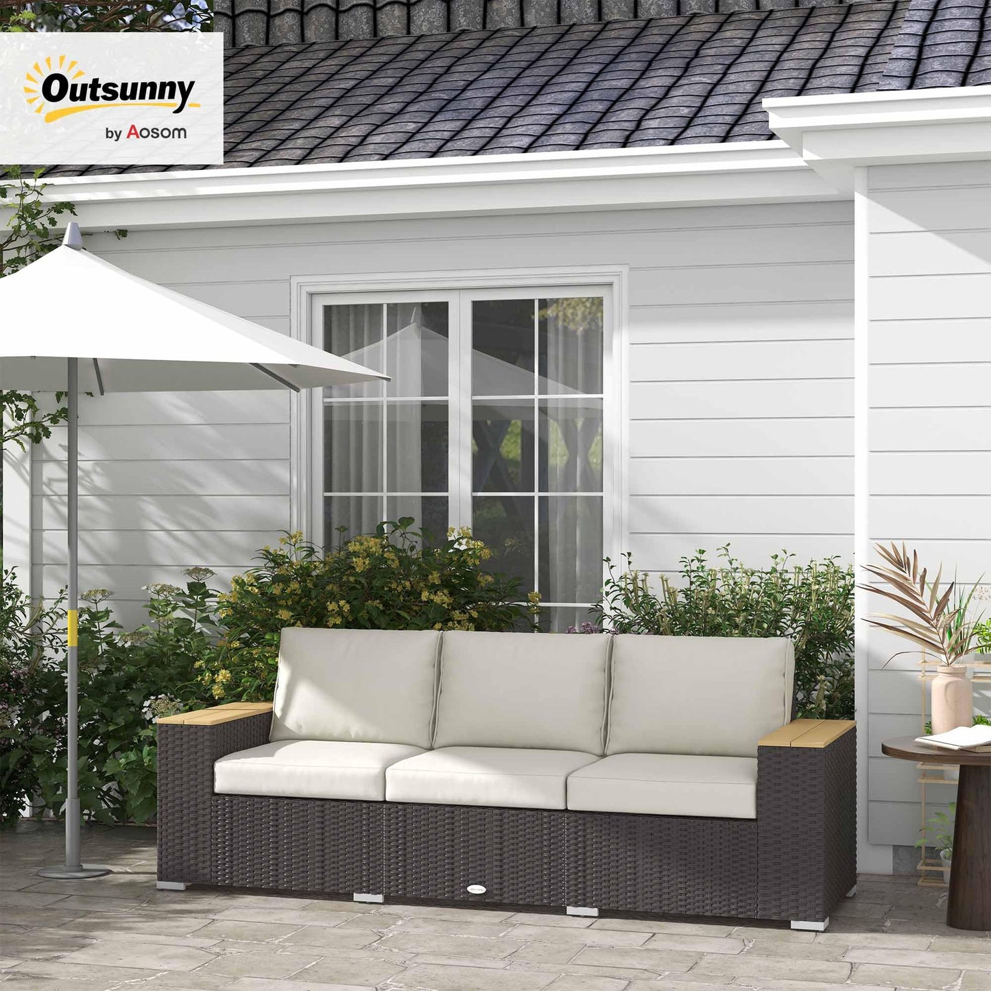Outsunny 3-Seat Outdoor Patio Sofa with 24.5" Extra Wide Deep Seats, PE Wicker Sofa with Wide Wood Effect Armrests and 4" Cushions, Rattan Outdoor Couch for Porch, Garden, Poolside, Beige