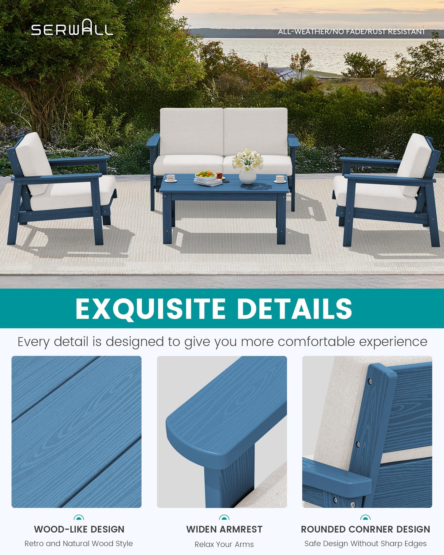 SERWALL HDPE Outdoor Patio Loveseat, Blue Frame and Khaki Cushion