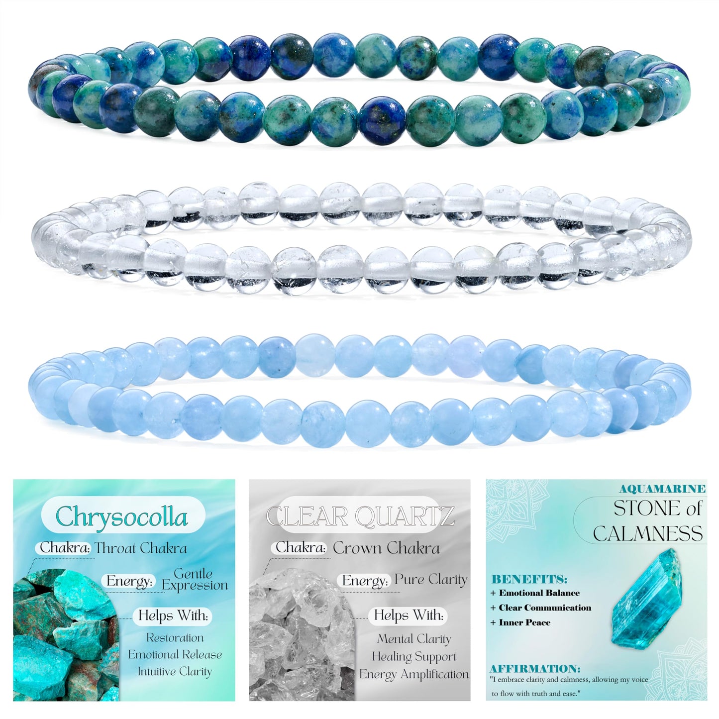 Bivei 3-Piece 4mm Beaded Bracelets for Women - Chrysocolla, Clear Quartz, Aquamarine - Handmade Natural Crystal Stretch Elastic Jewelry Yoga Meditation Protection Gifts