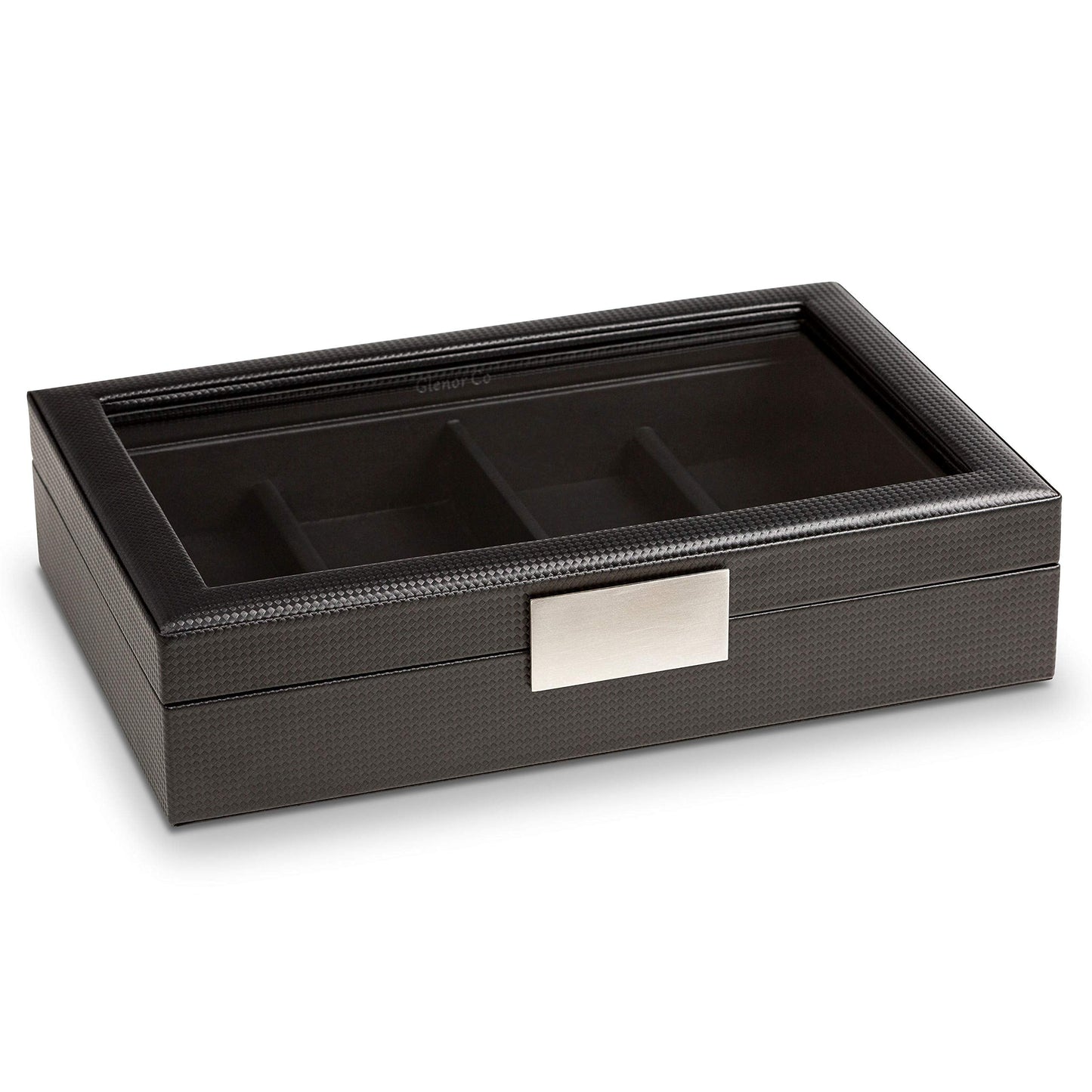 Glenor Co Sunglasses Organizer Case - 8 Slot Storage Holder to display Sunglass/Eye Glasses - Modern Box with Clear Glass Top and Metal Buckle for Men and Women - Carbon Fiber Leather Design - Black