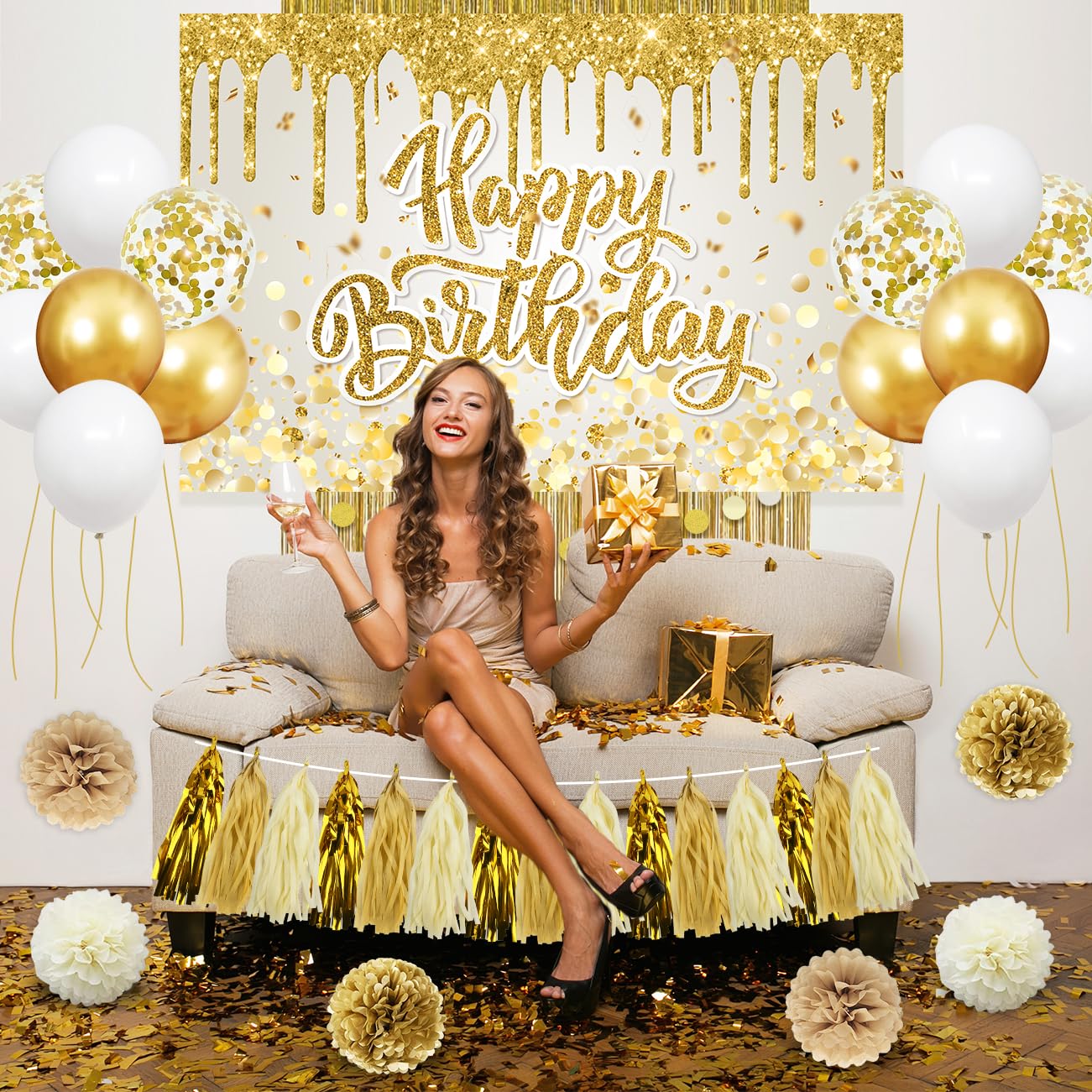Gold Birthday Party Decorations Set for Women Girls - Happy Birthday Banner, Backdrop, White Balloons, Tassel Curtains, Dot Tablecloth - Party Supplies