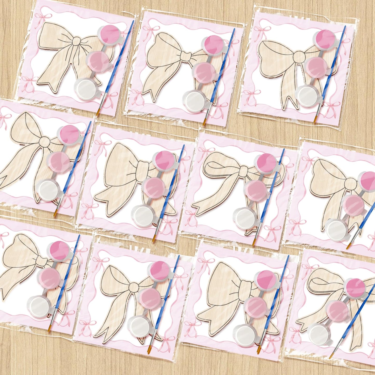 HABDJILTY 12 Pcs Pink Bow Party Favors Bow Wooden Crafts for Kids Coloring Wood Pink Bow Crafts, Bows DIY Painting Craft Kits for Student School Art Activity Gifts Games Party Supplies