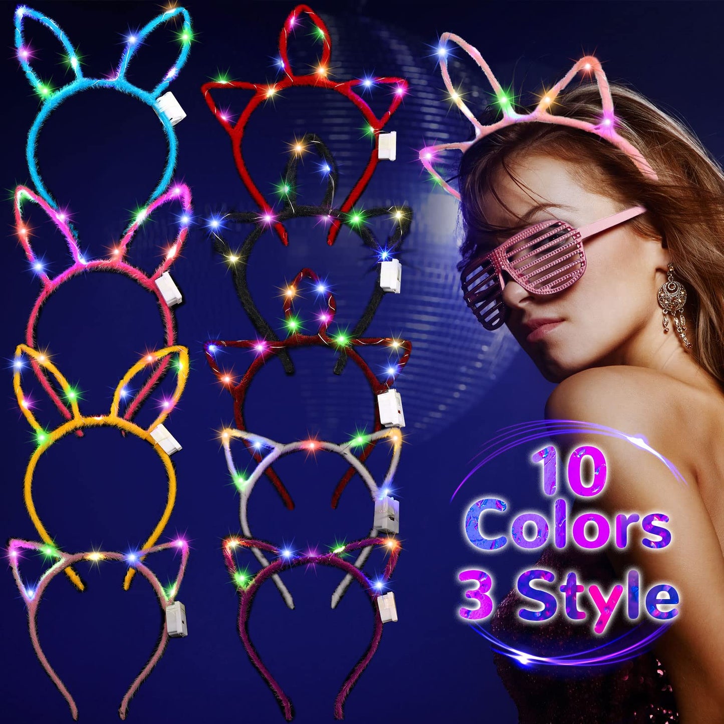 Janinka 60 Pcs Glow in the Dark Headbands Set, Cat Ear Headband Unicorn Rabbit Bunny Lighted Ear Headband Bulk for Valentine's Day Mardi Gras Easter Favors Women Birthday Gift Supplies