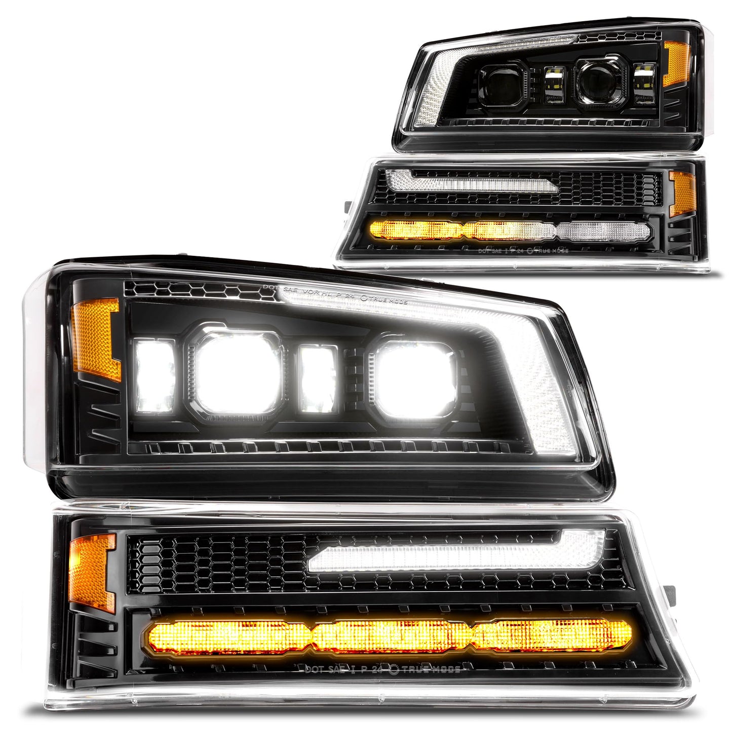 TRUE MODS Full LED Headlight Assembly Replacement for Chevrolet 2003-2006 Chevy Silverado Cateye 1500 2500 3500 HD 03-06 Avalanche 1500 2500HD [DOT] DRL Amber Sequential Turn Signal Projector Headlamp
