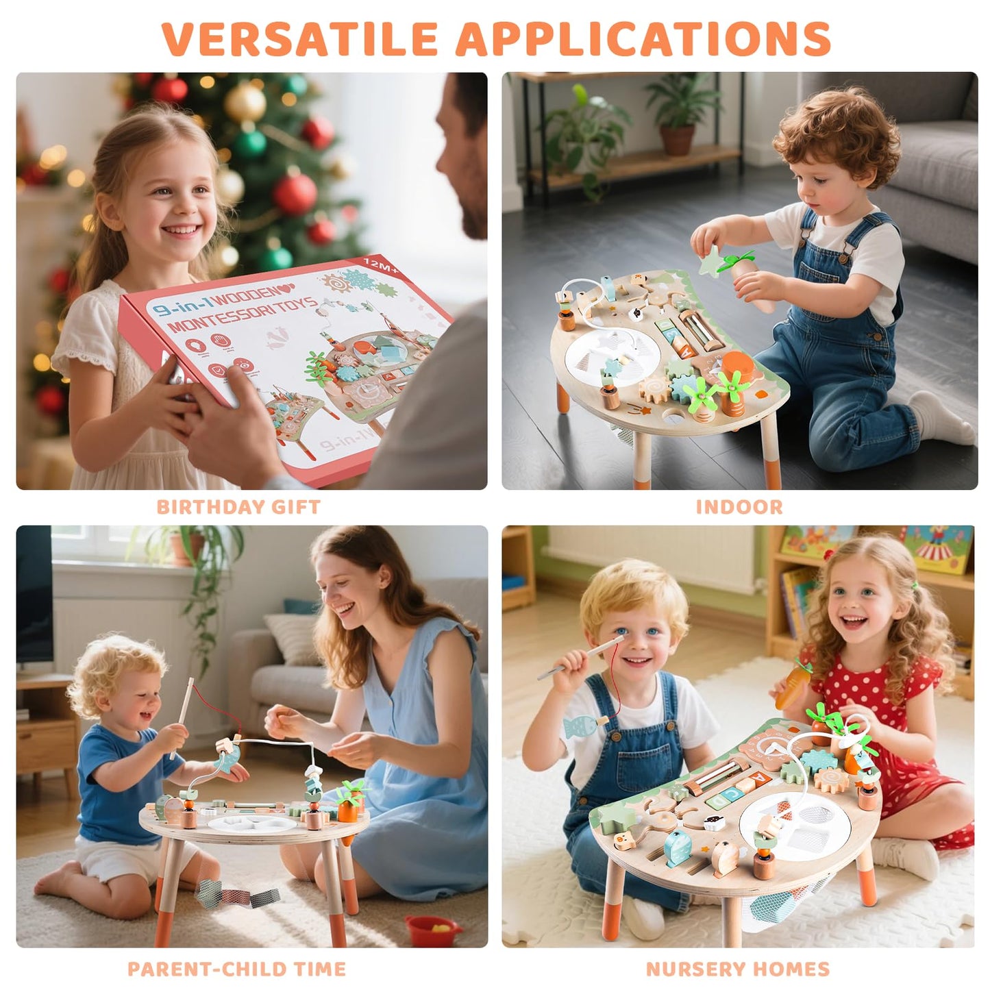 Hewaurorion Wooden Activity Table for Toddlers 1-3, 9 in 1 Montessori Sensory Table with Bead Maze Shape Sorter Fishing Game, Baby Activity Center Learning Toys for 1 2 3 Year Old Boys Girls