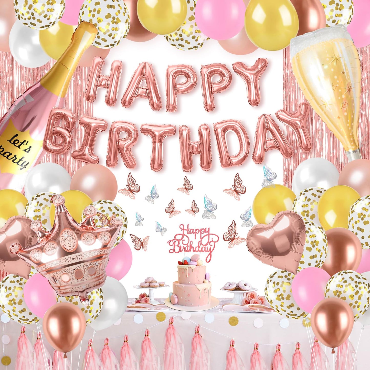 Pink Happy Birthday Decoration Kit: 96pcs Reusable Happy Birthday Banner & Balloon Garland Set, Pink Gold Party Supplies for Women Men Adults Kids, Backdrop Decor