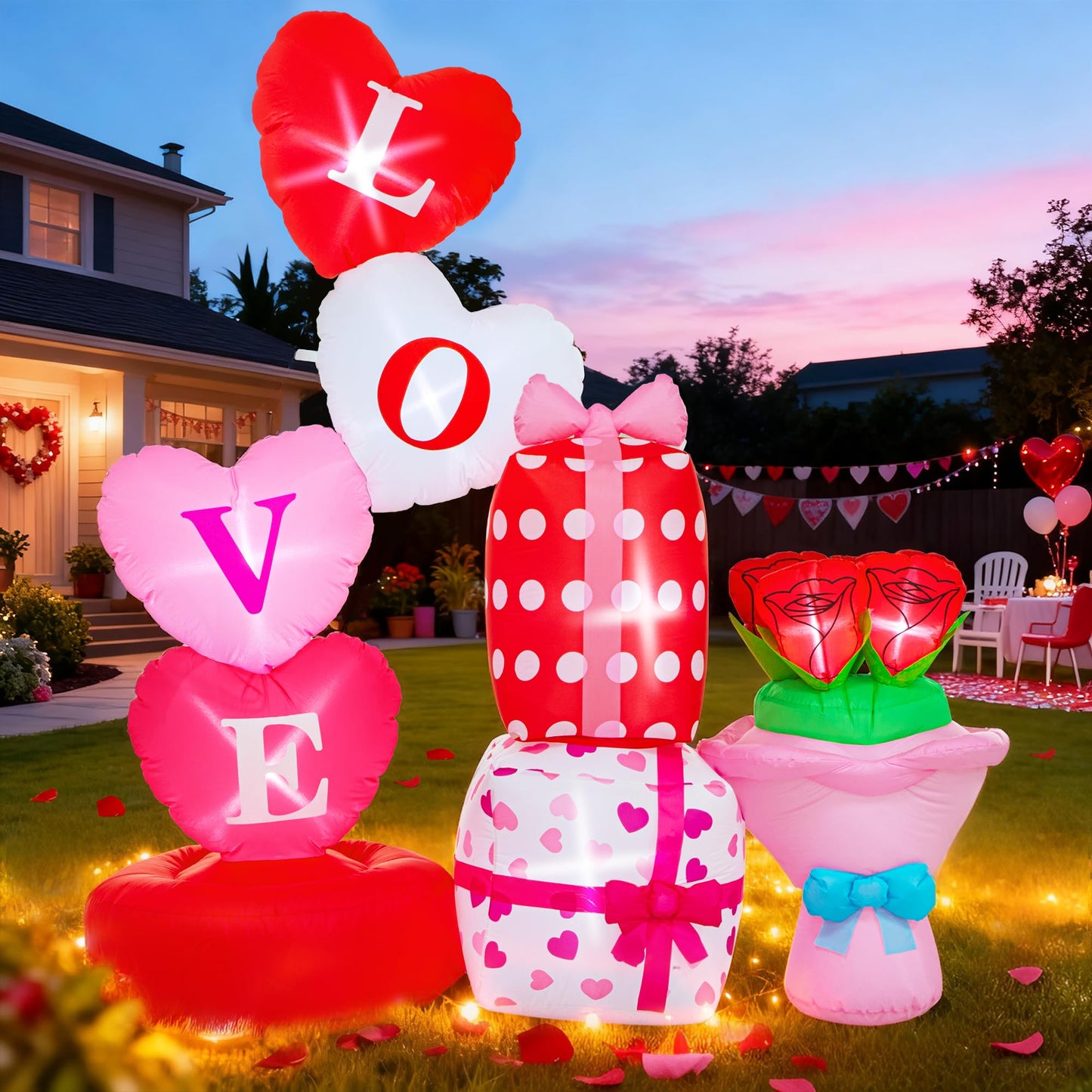 Valentine Inflatables Outdoor Decorations 6 FT Valentine's Day Inflatable Love Gift Box Bouquet Blow Up Decor with LED Lights for Yard,Lawn,Garden Romantic Gifts