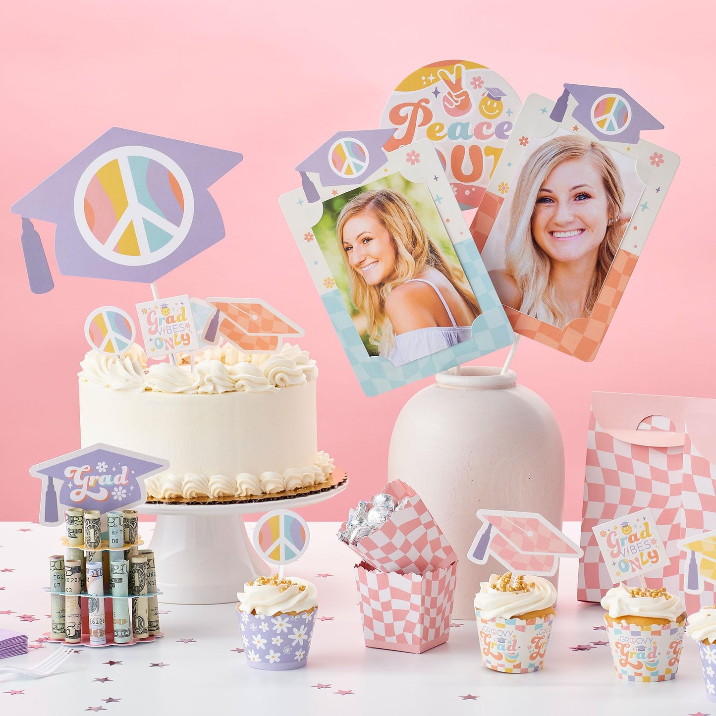 Big Dot of Happiness Groovy Grad - Cupcake Decoration - Hippie Graduation Party Cupcake Wrappers and Treat Picks Kit - Set of 24