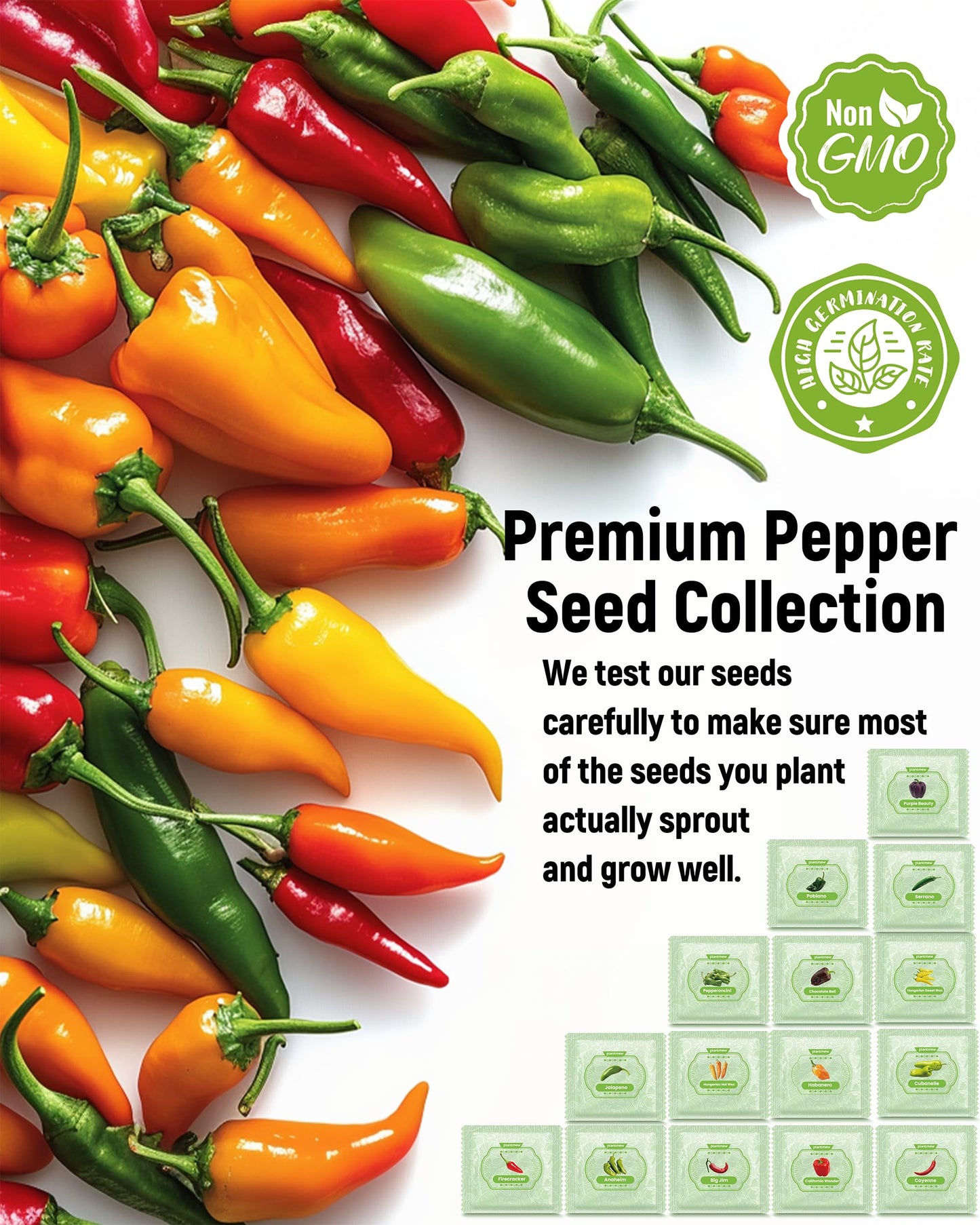 3000+ Pepper Seeds Collection - 15 Varieties Non-GMO Hot & Sweet Seeds for Planting: Cayenne, Cubanelle, Habanero, Poblano, Serrano, Big Jim & Bell for Garden