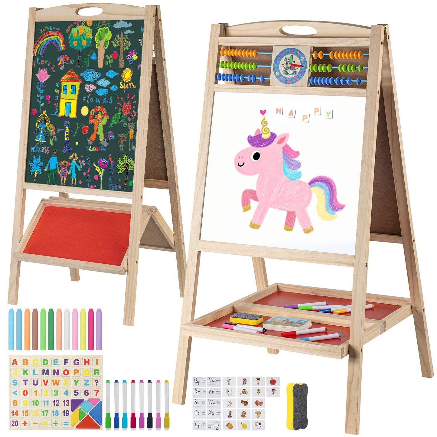 Kids Wooden Easel with Abacus, Double Sided Magnetic Drawing Board Dry Erase Whiteboard & Chalkboard， Foldable Easel for Toddlers 2-4 Years Painting Easel Kids 3-6