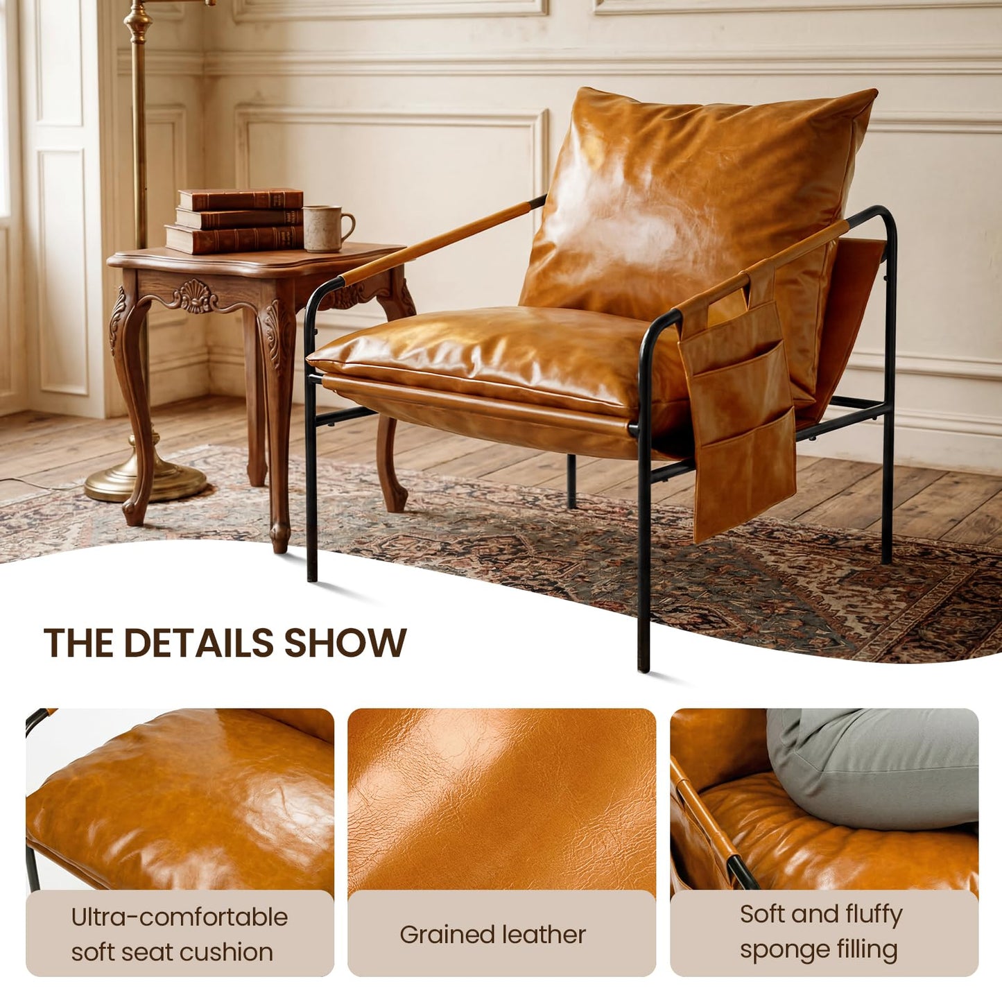 HavBeat Modern Bright Orange Oversized Faux Leather Recliner Armchair, Comfy Accent Chair with Sturdy Metal Frame Armrest Bag, Indoor Outdoor Couch Sofa Chair for Living Room Bedroom Patio Lounge
