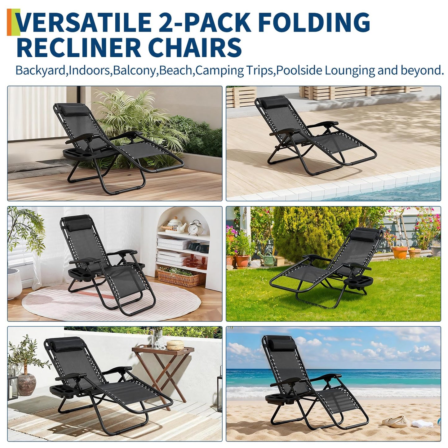 Patio Lounge Chairs Set of 2, Outdoor Recliner with Side Tray & Headrest - Heavy Duty Steel Mesh Folding Chairs, Adjustable Portable Camping Lawn Chairs for Poolside, Beach, Backyard, Deck